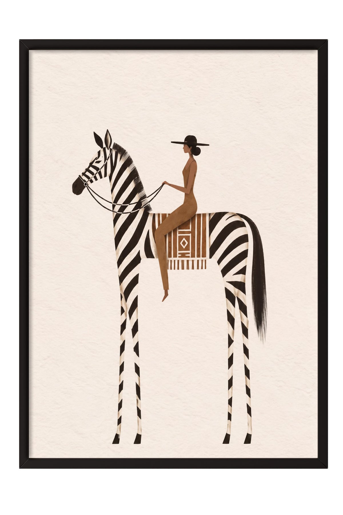 Zebra Üzerinde Oturan Kadın Poster – Siyah Çerçeveli Tablo