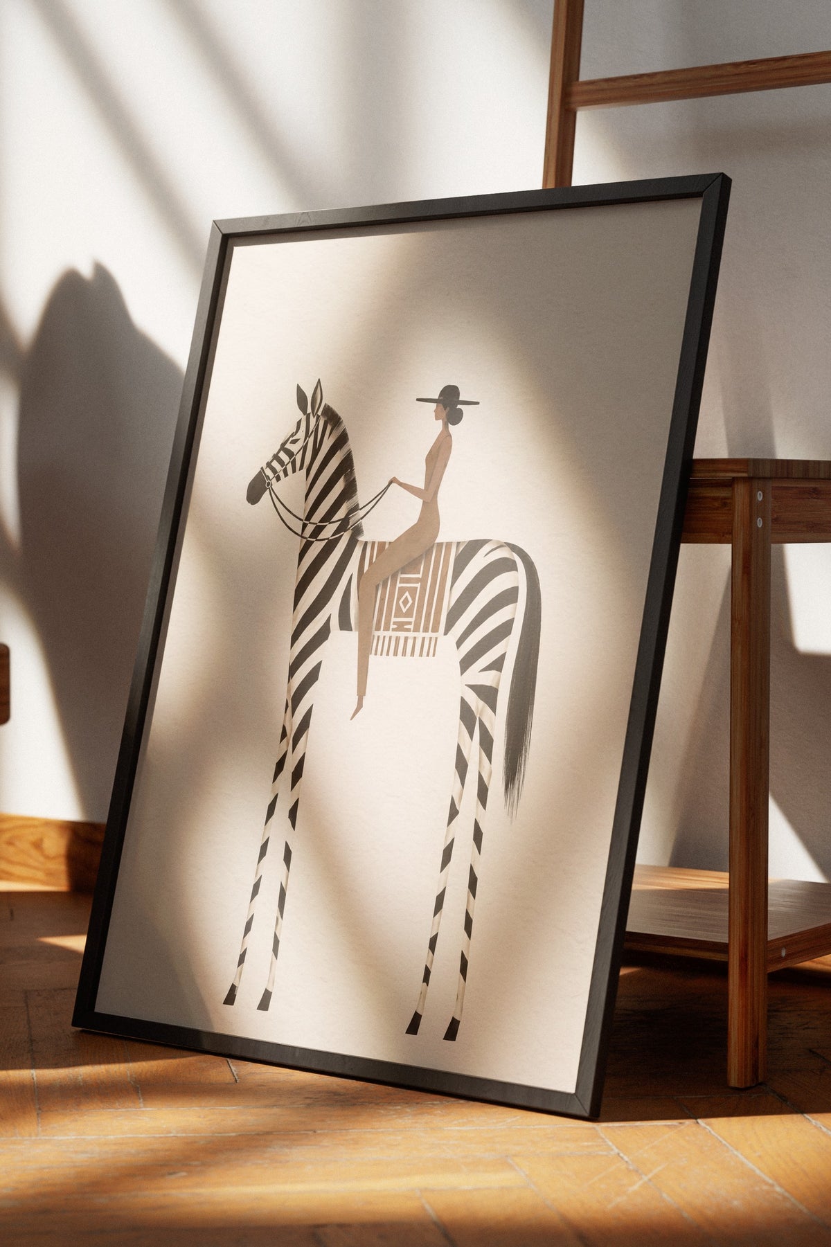 Zebra Üzerinde Oturan Kadın Poster – Siyah Çerçeveli Tablo