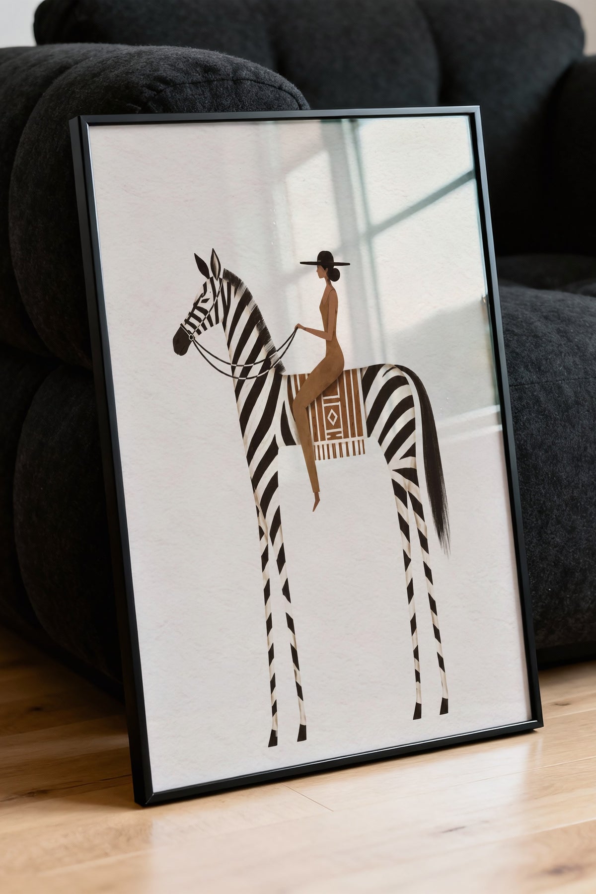 Zebra Üzerinde Oturan Kadın Poster – Siyah Çerçeveli Tablo