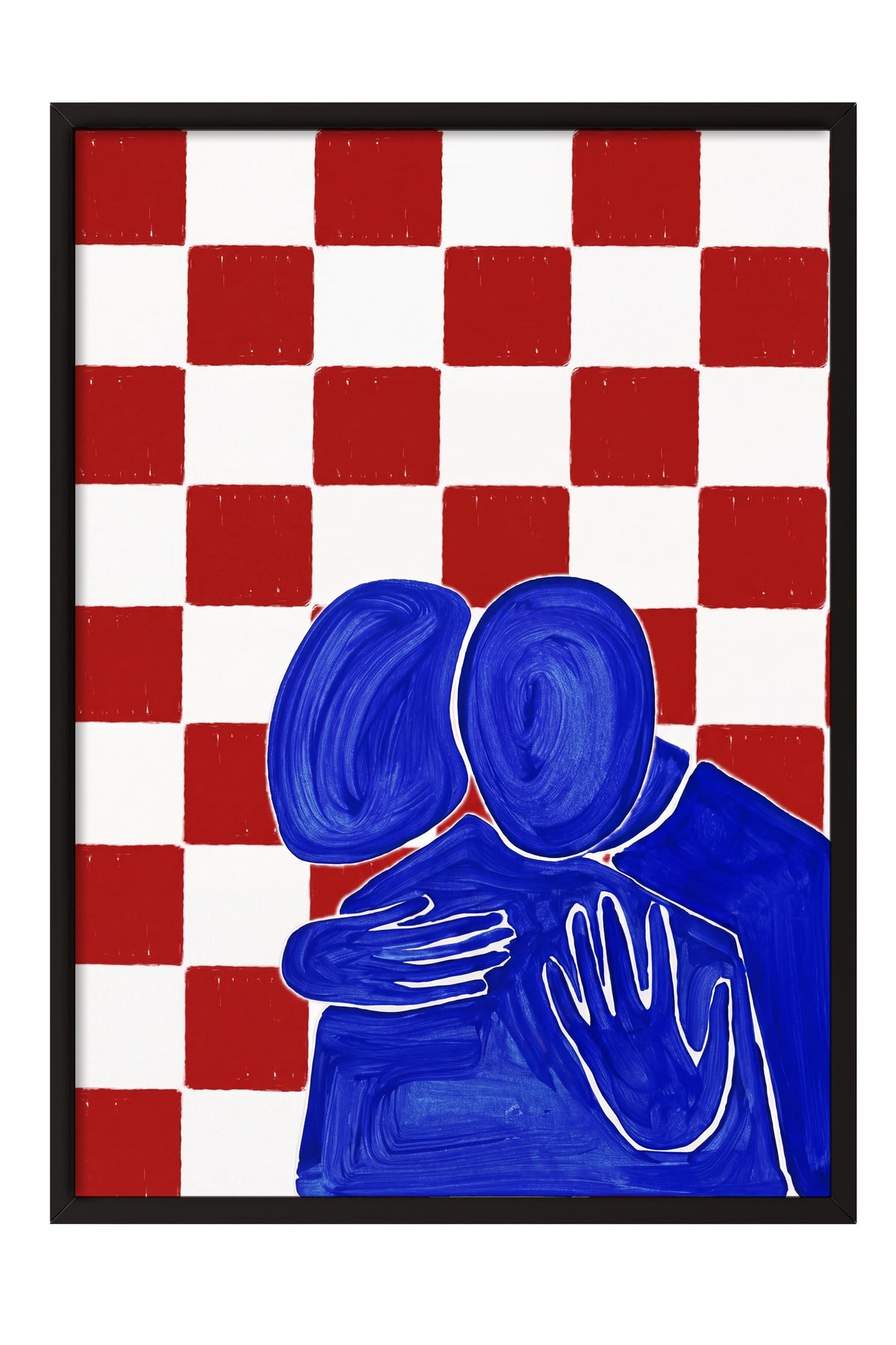 Kırmızı Kareli Sarılan Figürler Poster – Siyah Çerçeveli Tablo