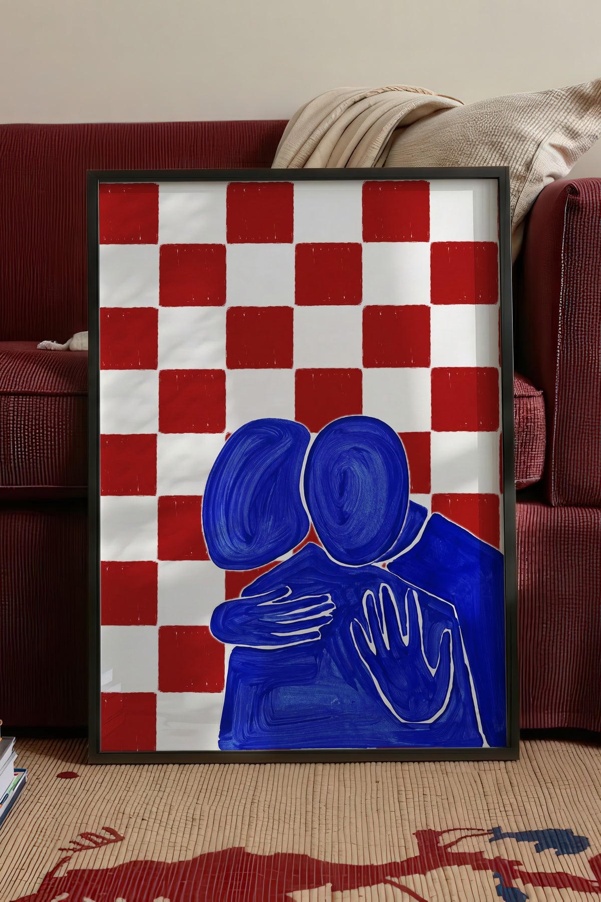 Kırmızı Kareli Sarılan Figürler Poster – Siyah Çerçeveli Tablo