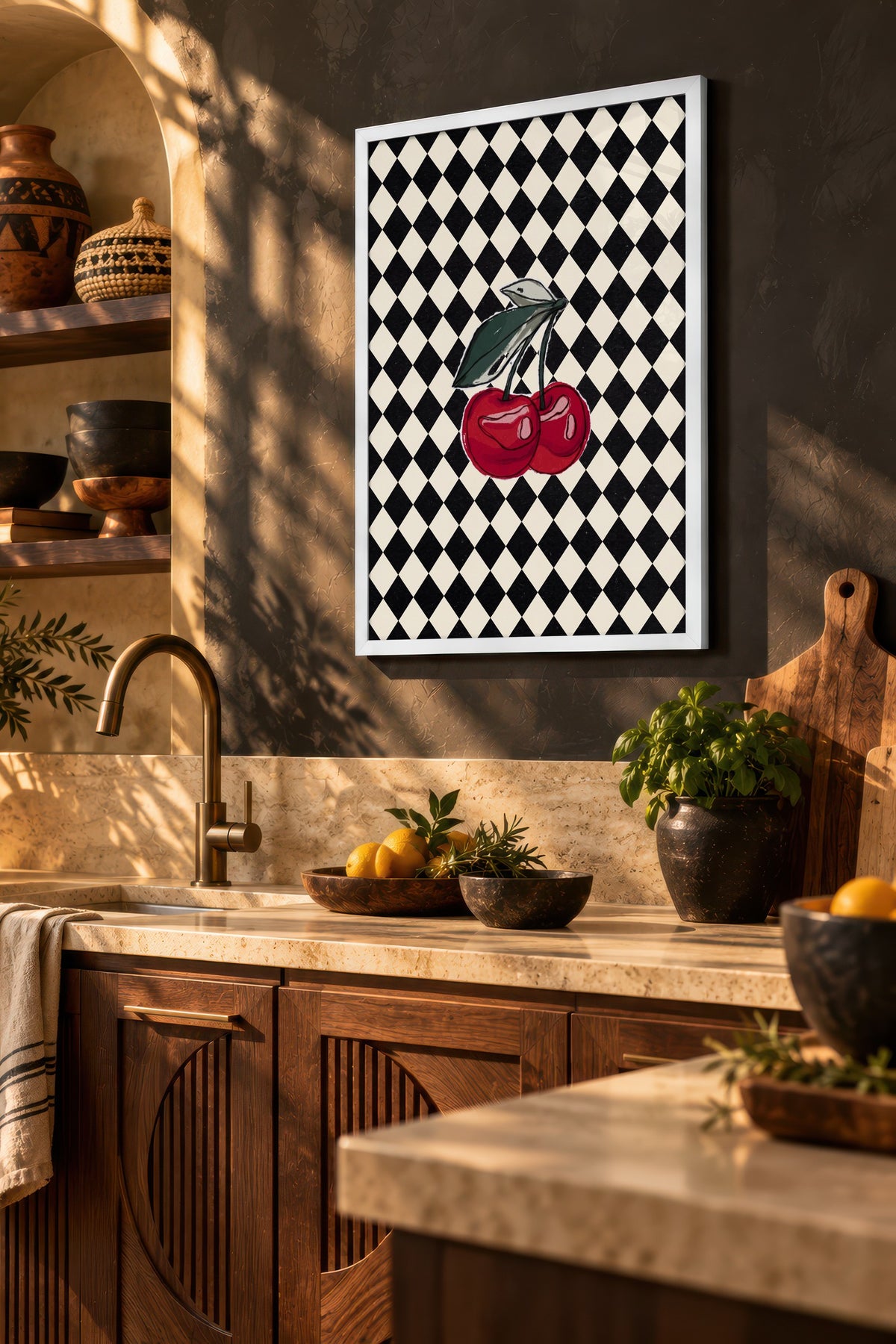 Kareli Zemin Üzerinde İki Kiraz Poster – Beyaz Çerçeveli Tablo