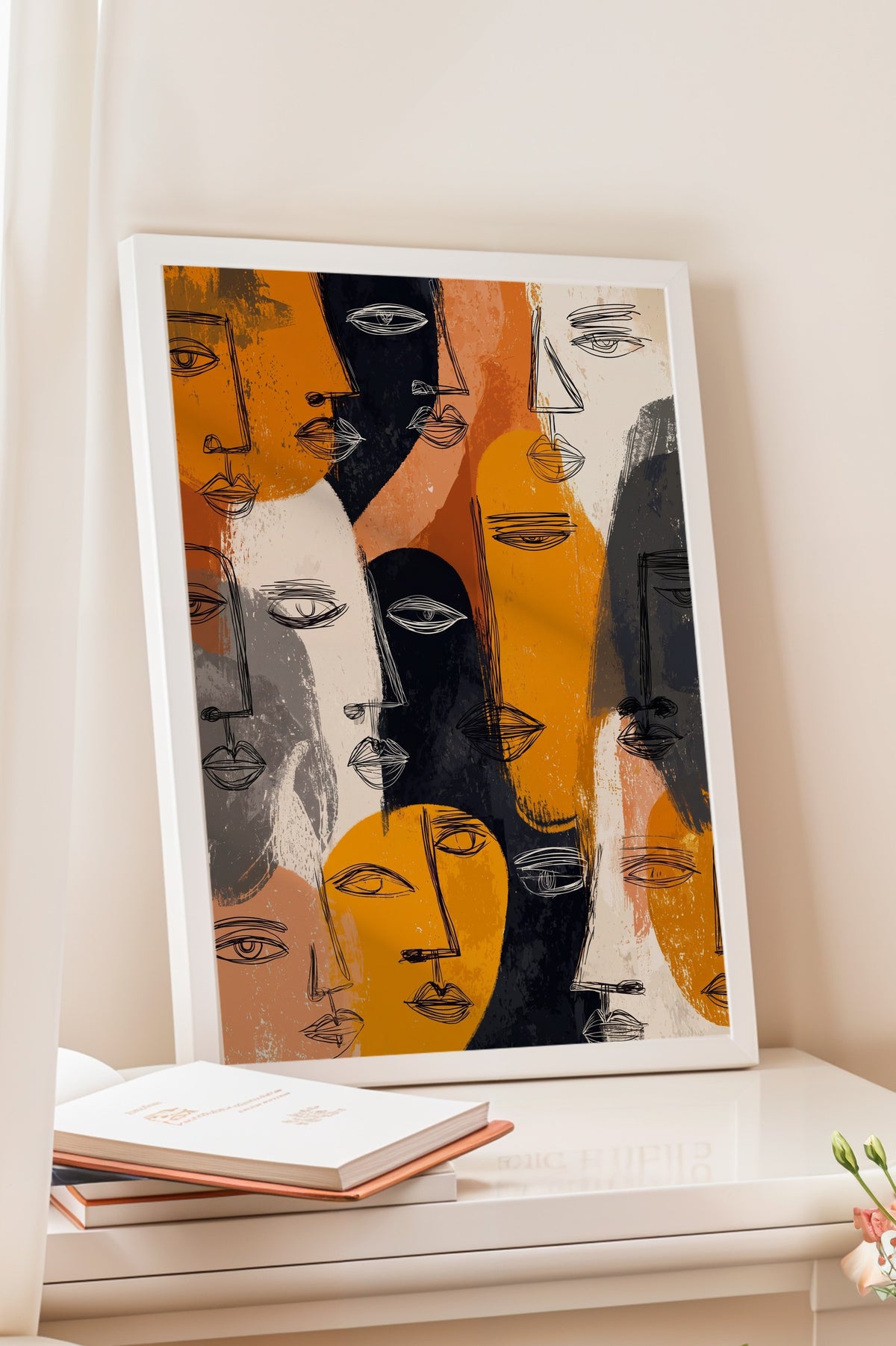 Ekspresif Yüz Çizimleri Poster – Beyaz Çerçeveli Tablo