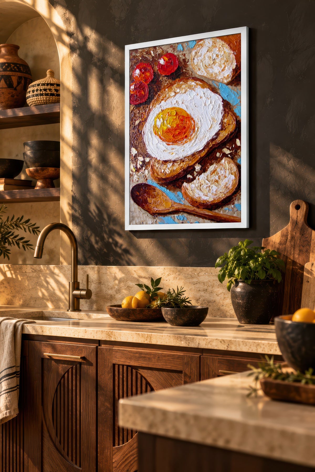 Yağlı Boya Kahvaltı Sunumu Poster – Beyaz Çerçeveli Tablo