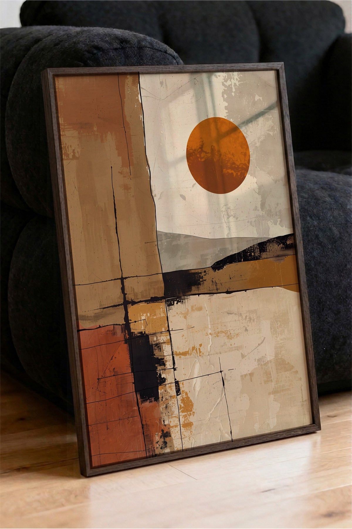 Soyut Geometrik Güneş Poster – Kahverengi Çerçeveli Tablo