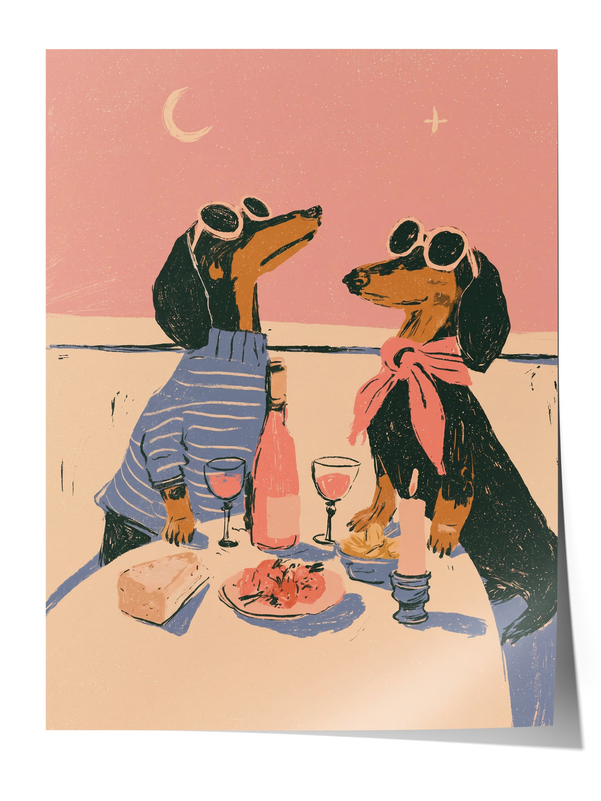 Romantik Akşam Yemeği Yiyen Köpekler Çerçevesiz Poster