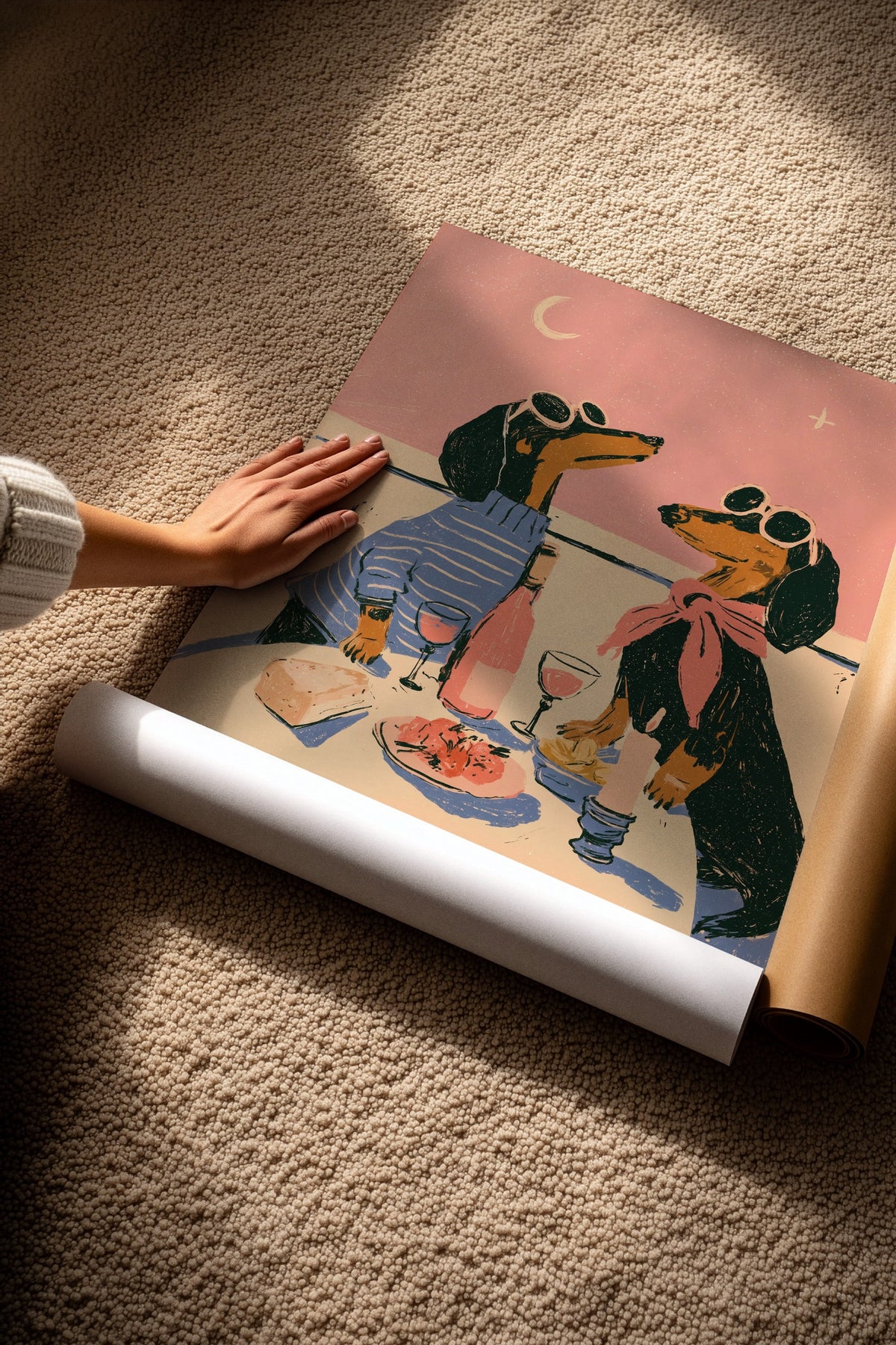 Romantik Akşam Yemeği Yiyen Köpekler Çerçevesiz Poster