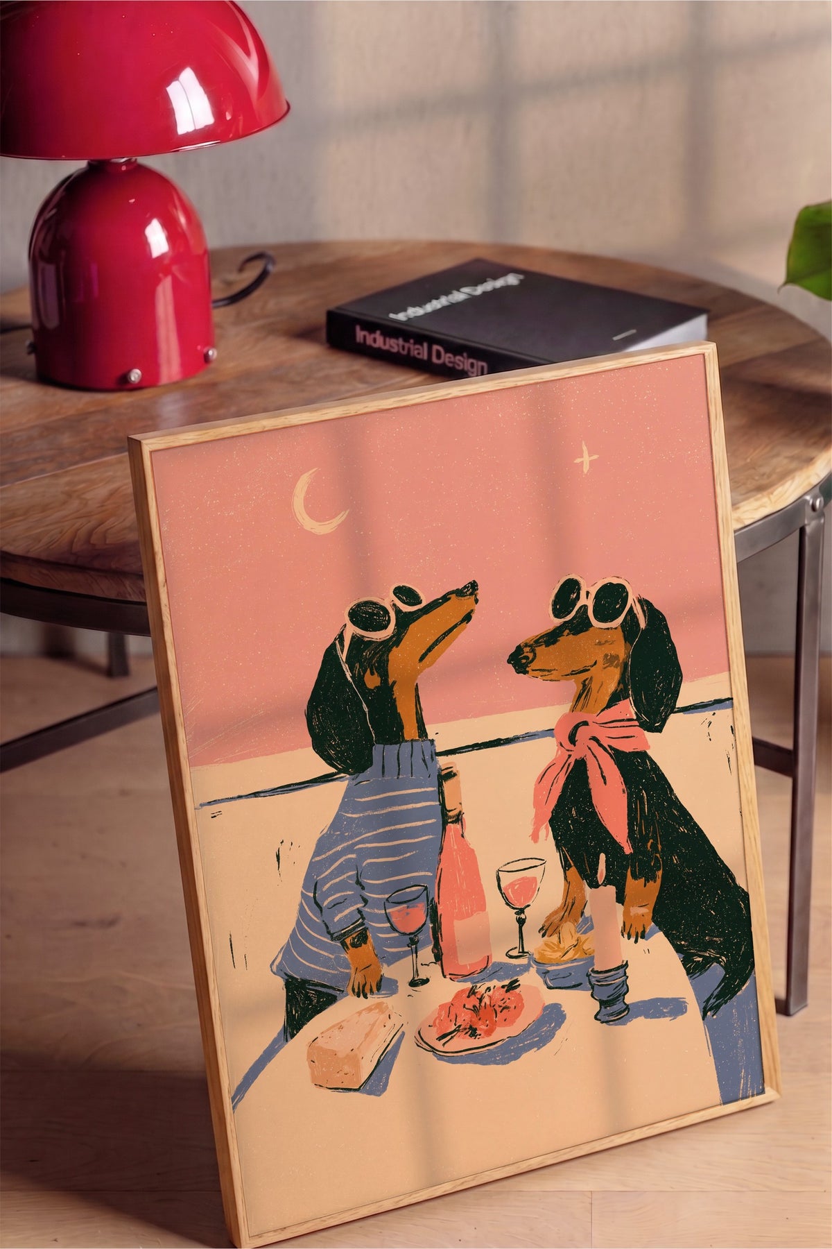 Romantik Akşam Yemeği Yiyen Köpekler Poster – Ahşap Çerçeveli Tablo