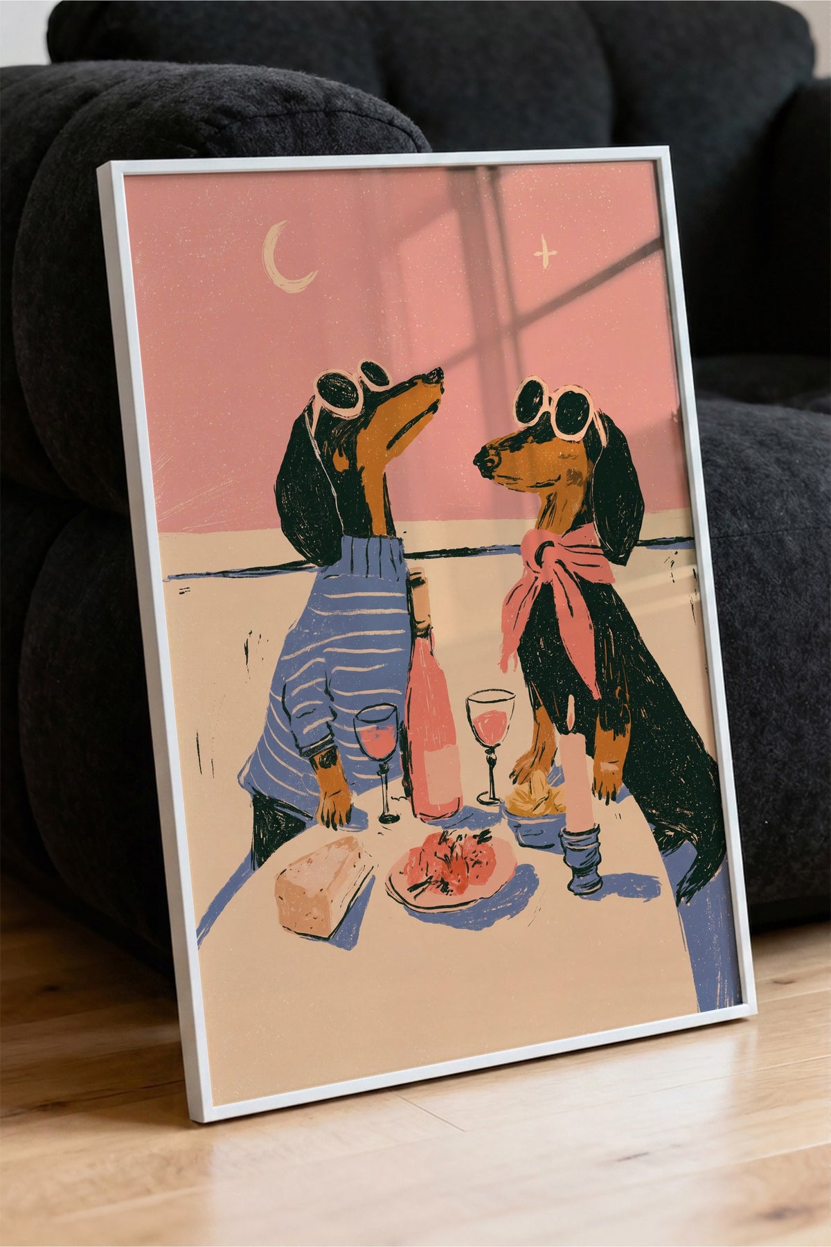 Romantik Akşam Yemeği Yiyen Köpekler Poster – Beyaz Çerçeveli Tablo
