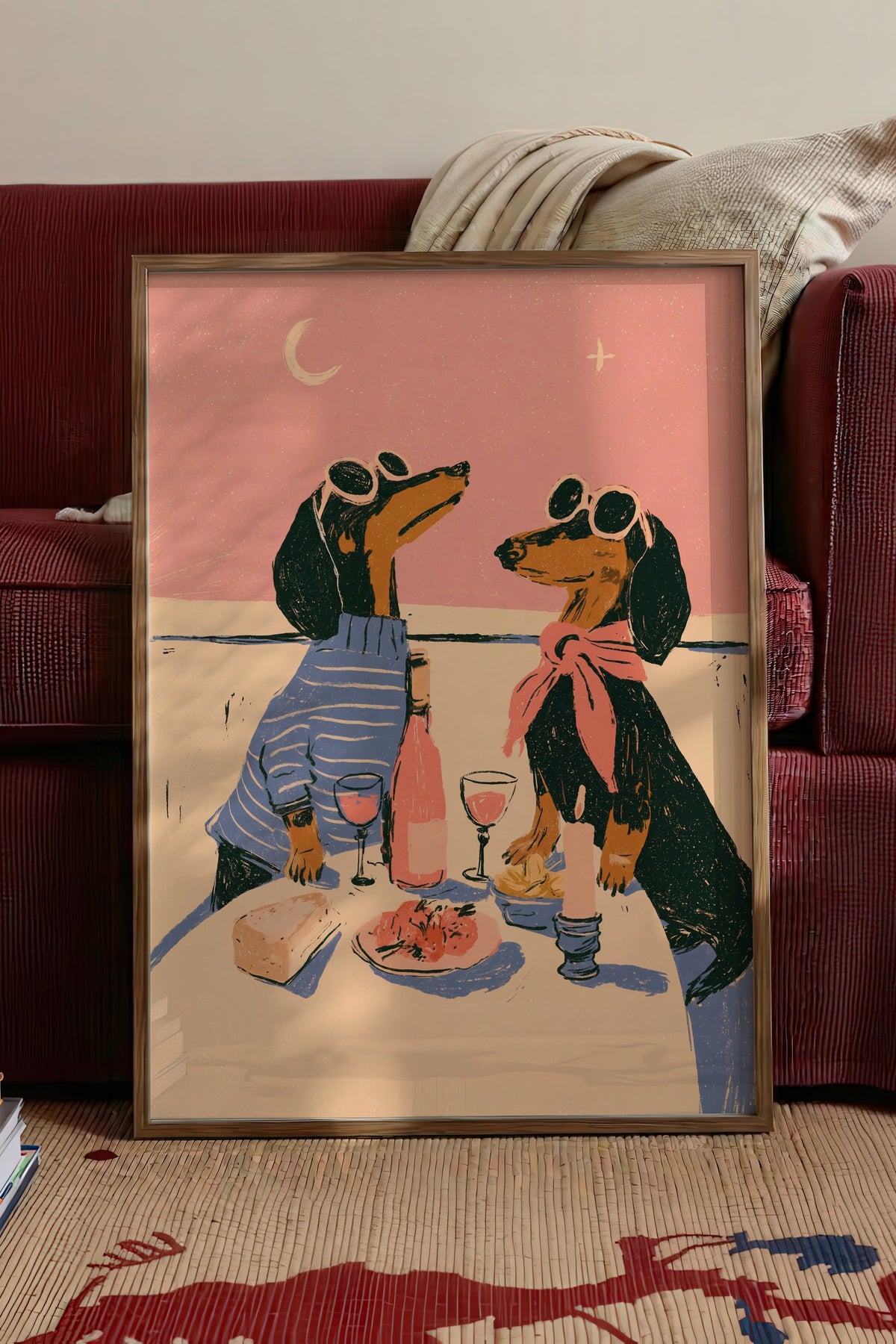Romantik Akşam Yemeği Yiyen Köpekler Poster – Kahverengi Çerçeveli Tablo