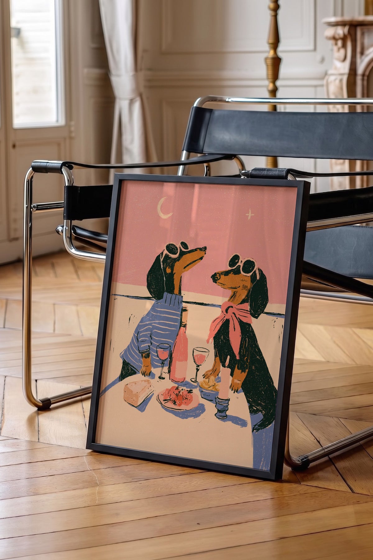 Romantik Akşam Yemeği Yiyen Köpekler Poster – Siyah Çerçeveli Tablo