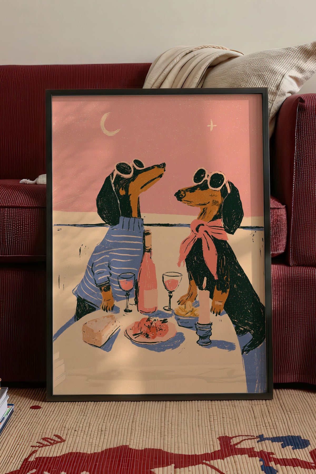 Romantik Akşam Yemeği Yiyen Köpekler Poster – Siyah Çerçeveli Tablo