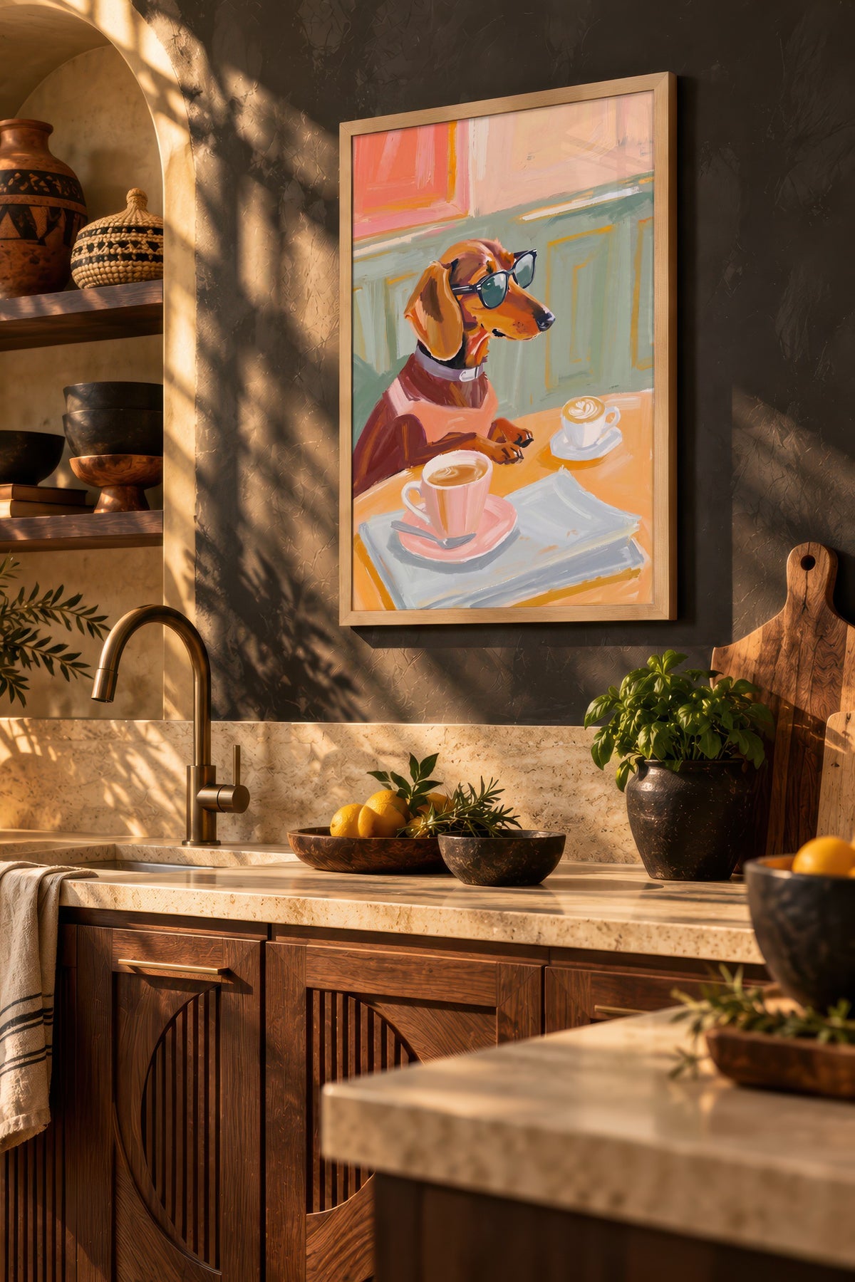 Gözlükle Kahve İçen Köpek Poster – Ahşap Çerçeveli Tablo