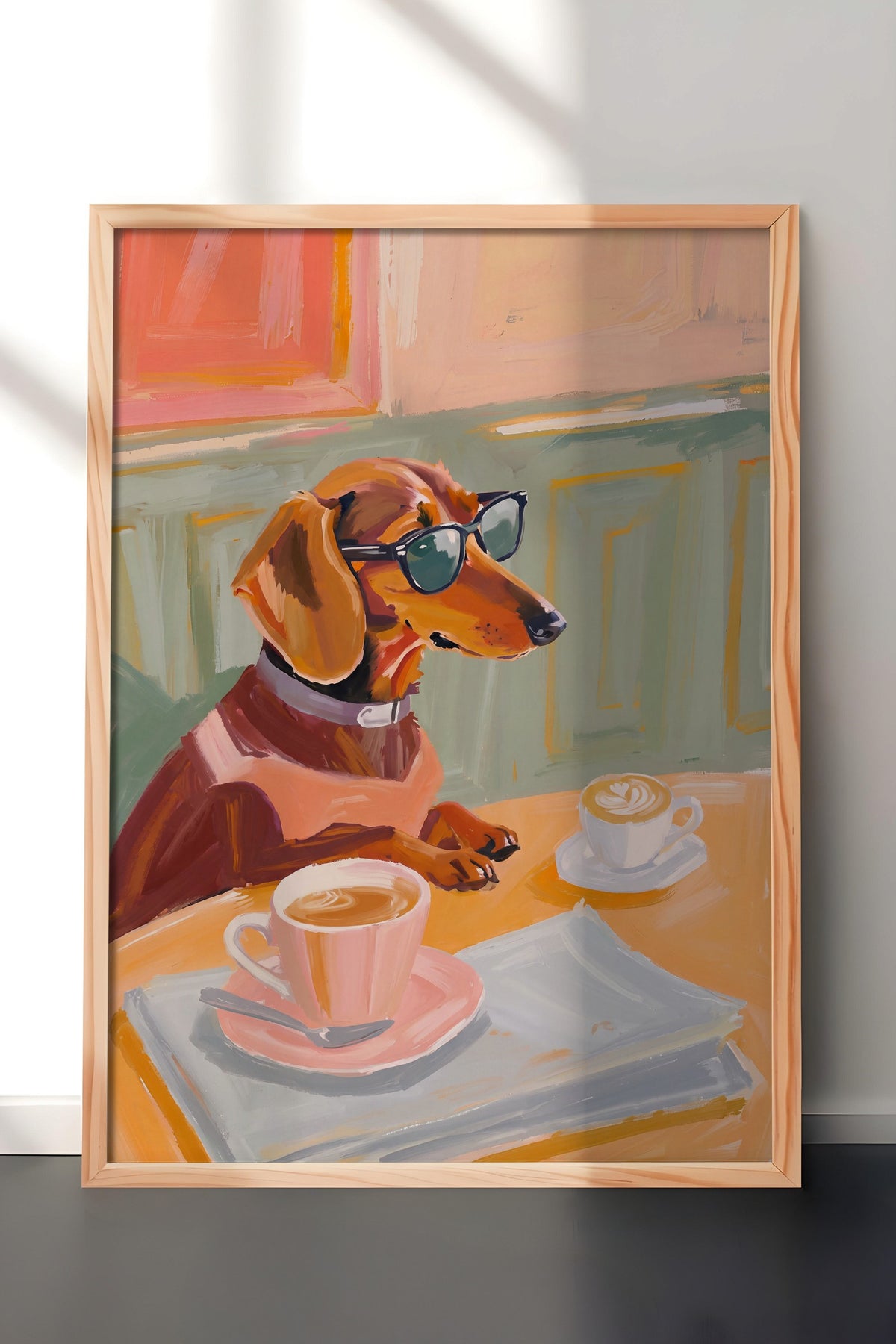 Gözlükle Kahve İçen Köpek Poster – Ahşap Çerçeveli Tablo