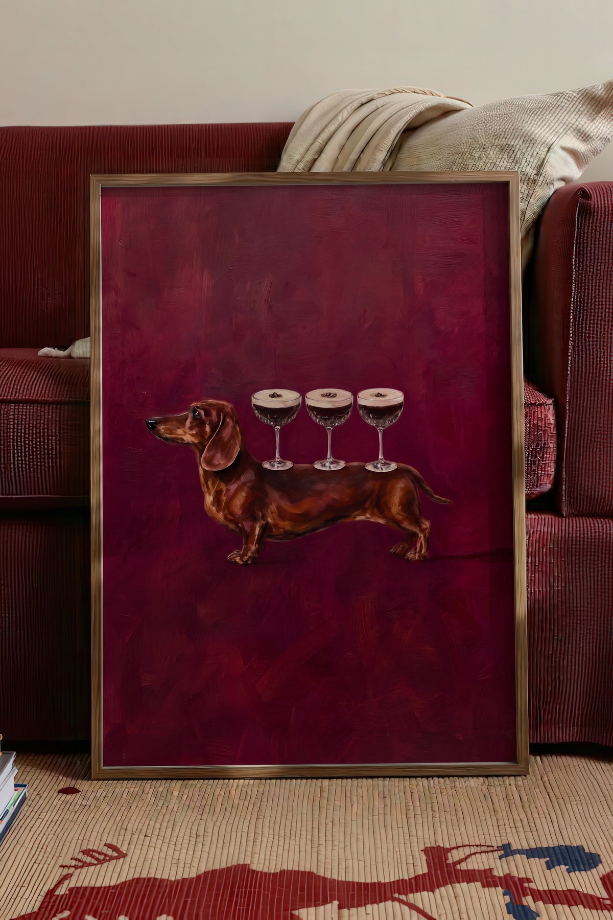 Köpek Üzerinde Bardaklar Poster – Kahverengi Çerçeveli Tablo