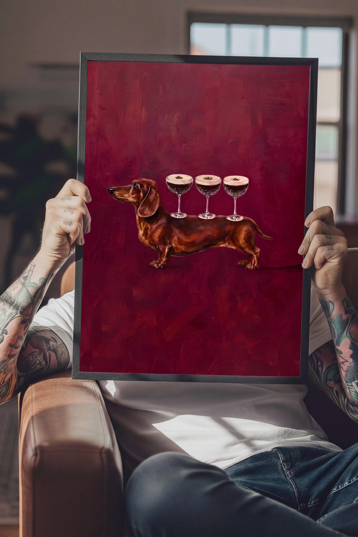 Köpek Üzerinde Bardaklar Poster – Siyah Çerçeveli Tablo
