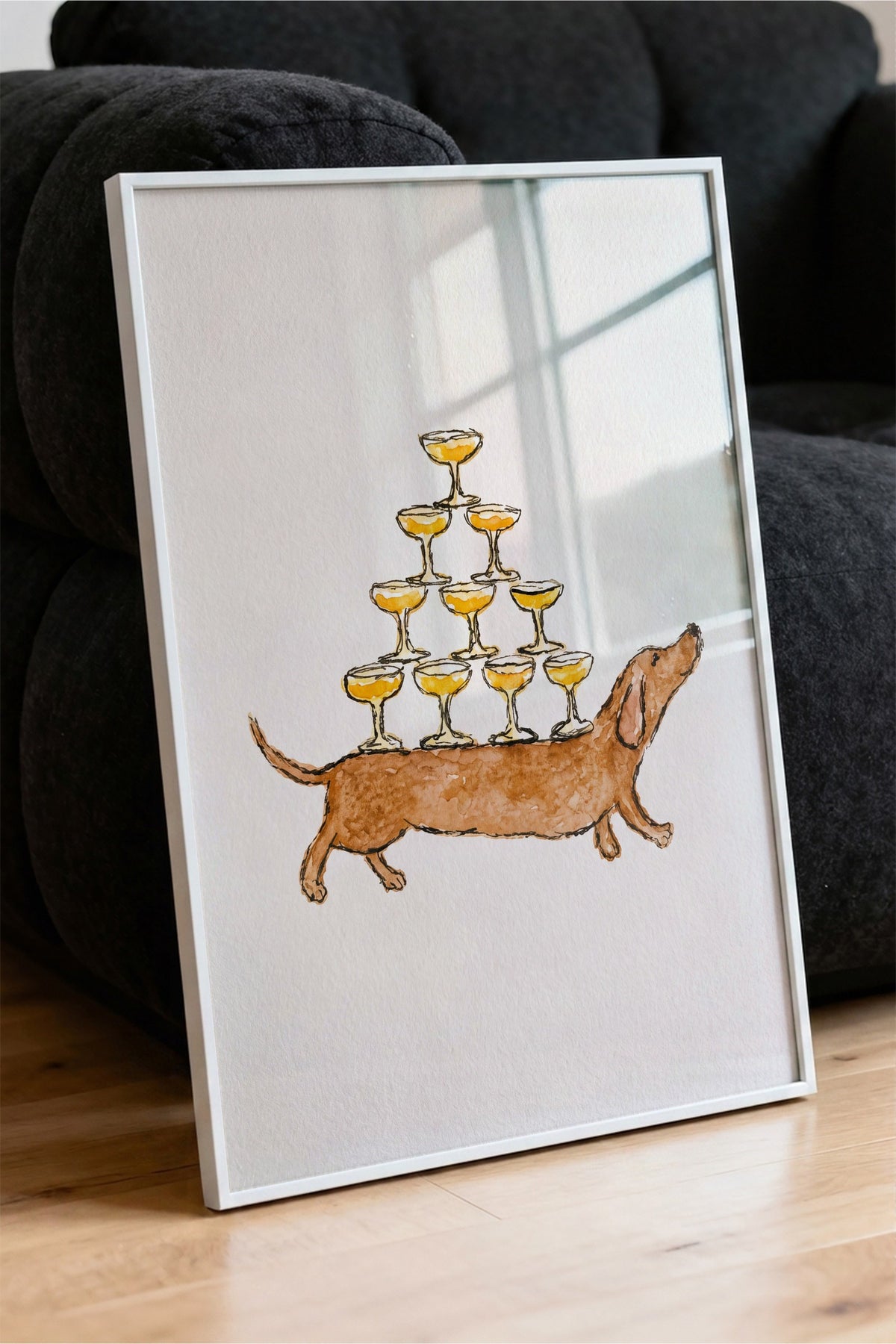 Kadeh Taşıyan Köpek İllüstrasyonu Poster – Beyaz Çerçeveli Tablo
