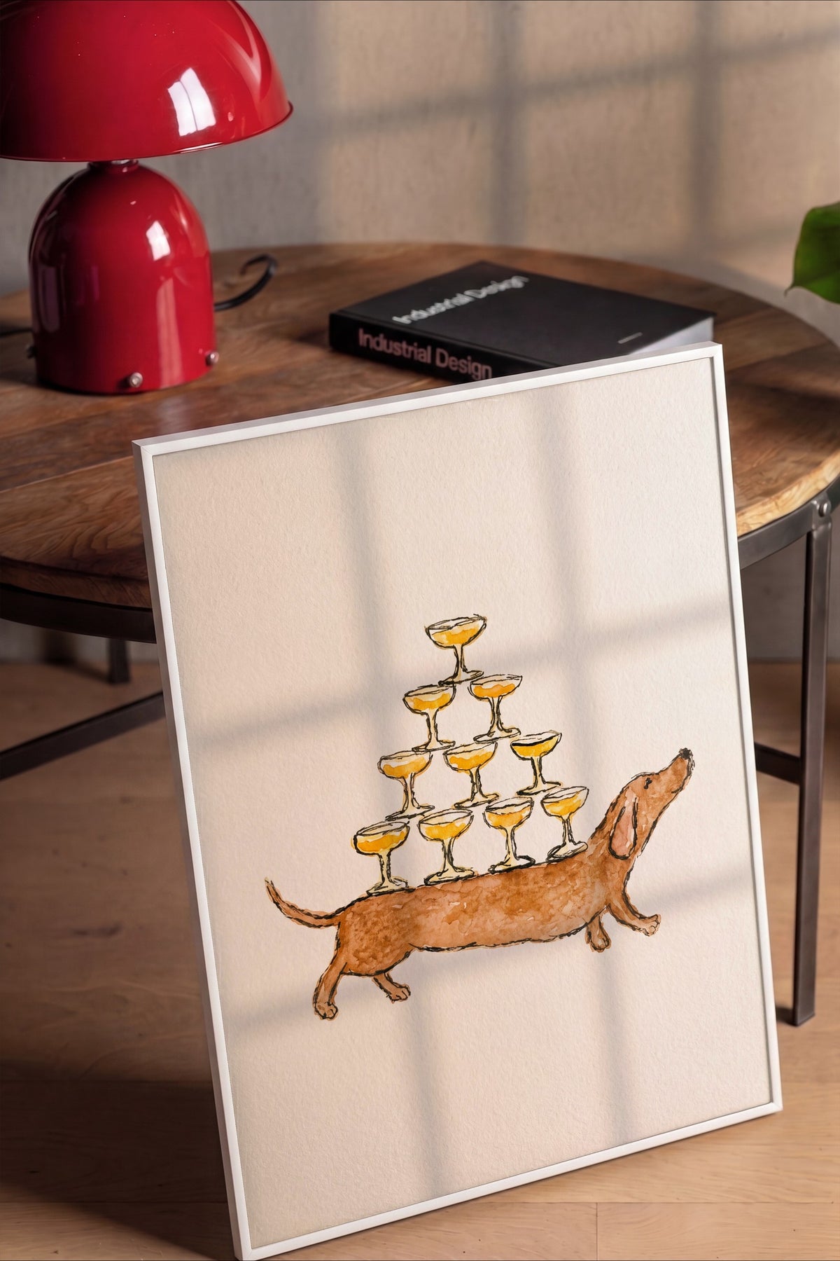 Kadeh Taşıyan Köpek İllüstrasyonu Poster – Beyaz Çerçeveli Tablo