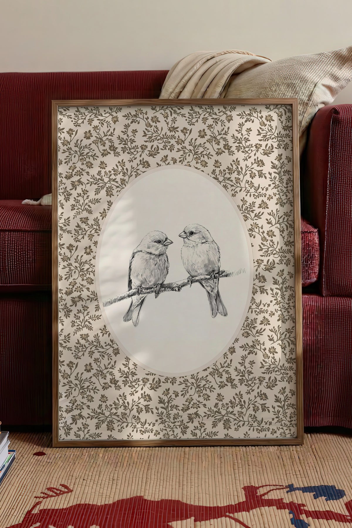 Dal Üzerinde İki Kuş Poster – Kahverengi Çerçeveli Tablo