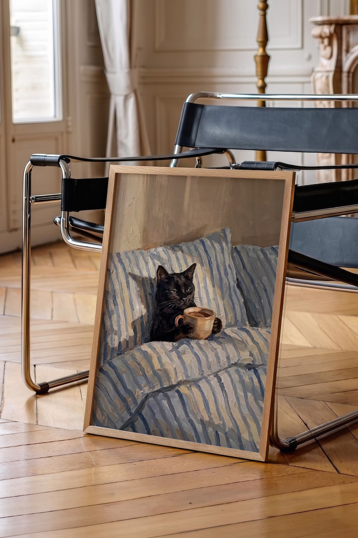 Kahve İçen Kedi Poster – Ahşap Çerçeveli Tablo
