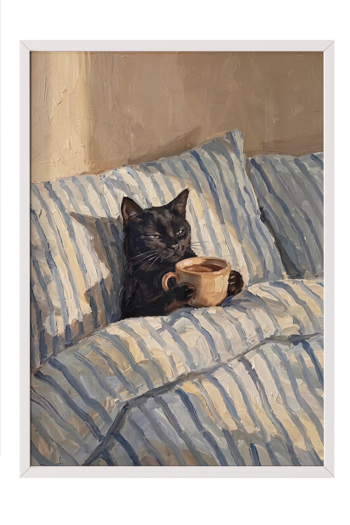 Kahve İçen Kedi Poster – Beyaz Çerçeveli Tablo