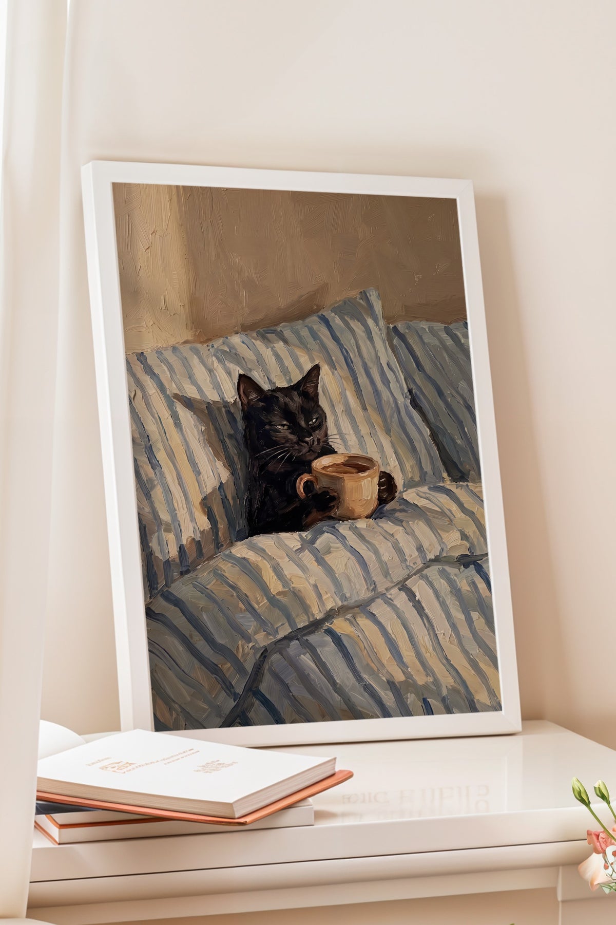 Kahve İçen Kedi Poster – Beyaz Çerçeveli Tablo