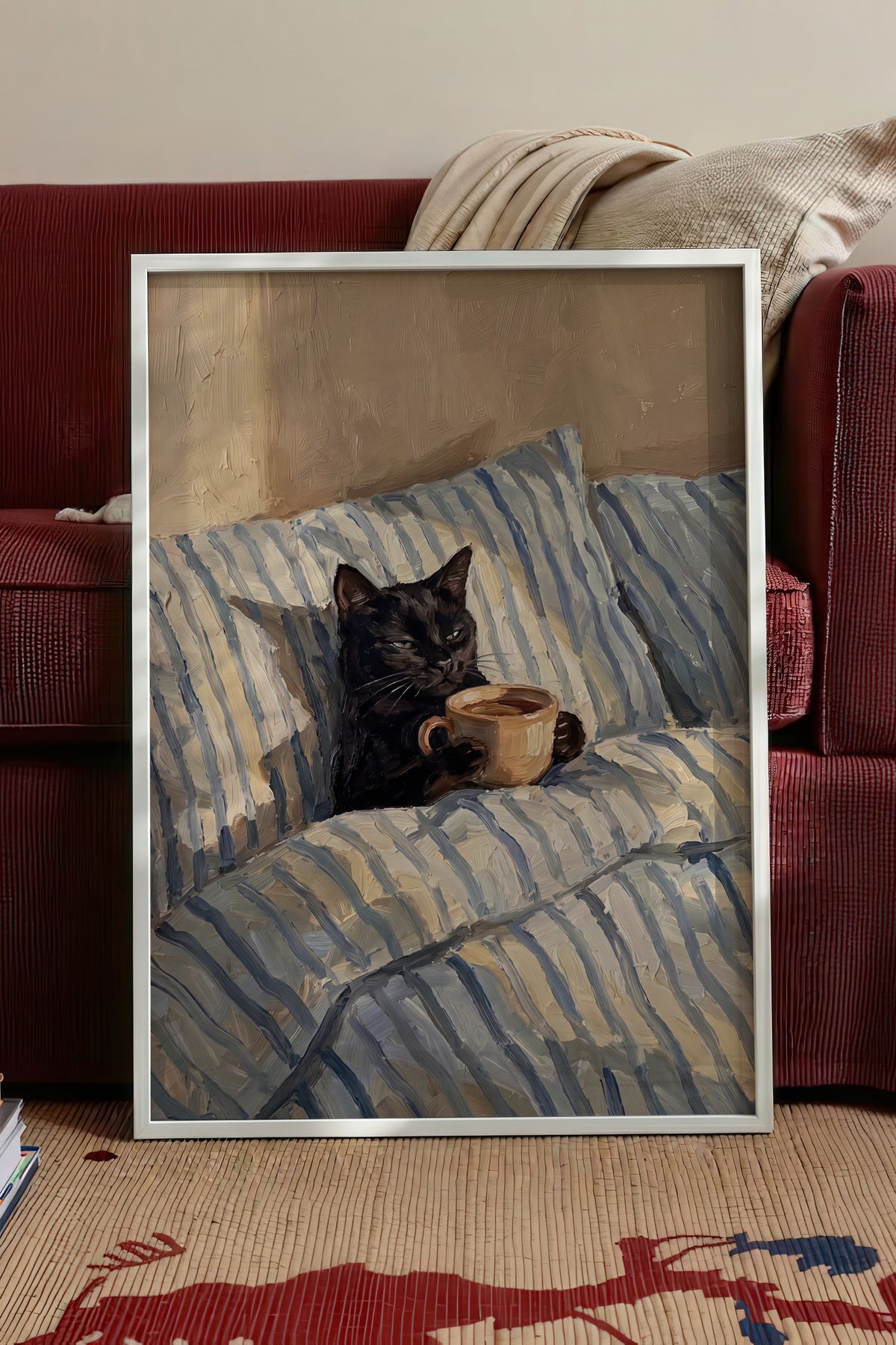 Kahve İçen Kedi Poster – Beyaz Çerçeveli Tablo