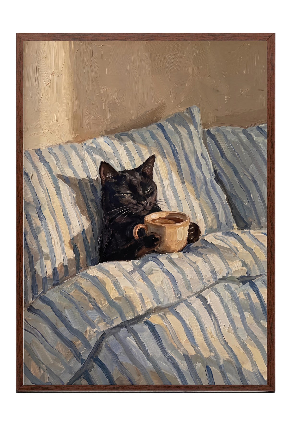 Kahve İçen Kedi Poster – Kahverengi Çerçeveli Tablo
