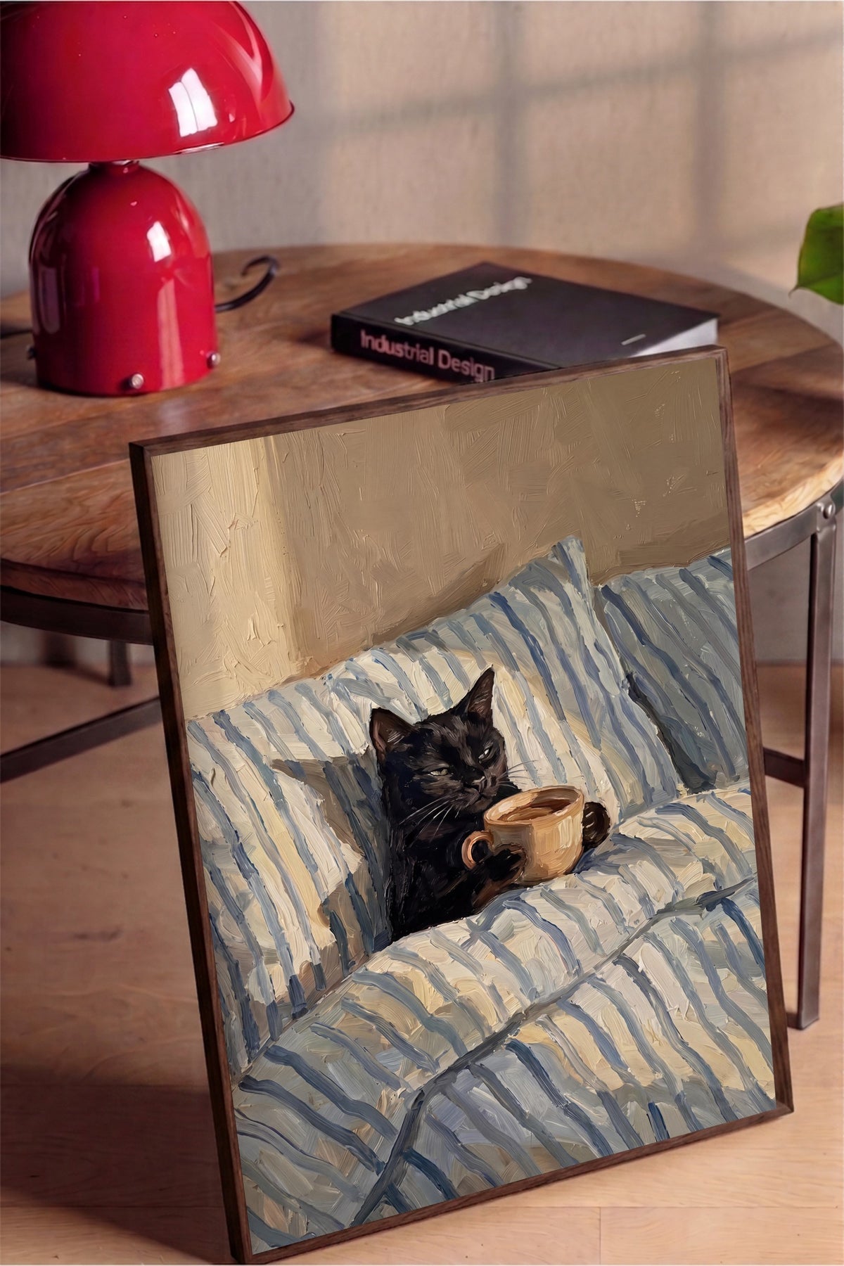 Kahve İçen Kedi Poster – Kahverengi Çerçeveli Tablo