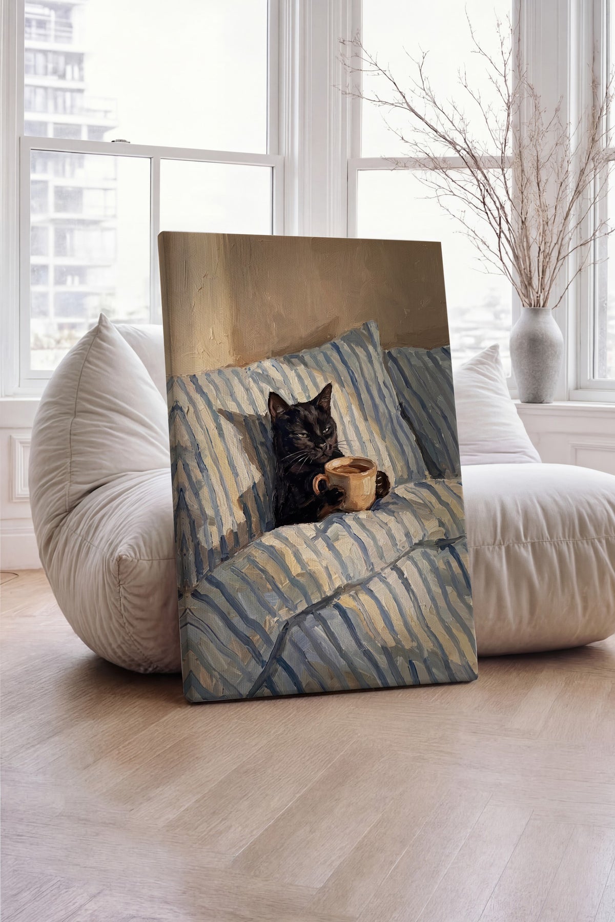 Kahve İçen Kedi Kanvas Tablo