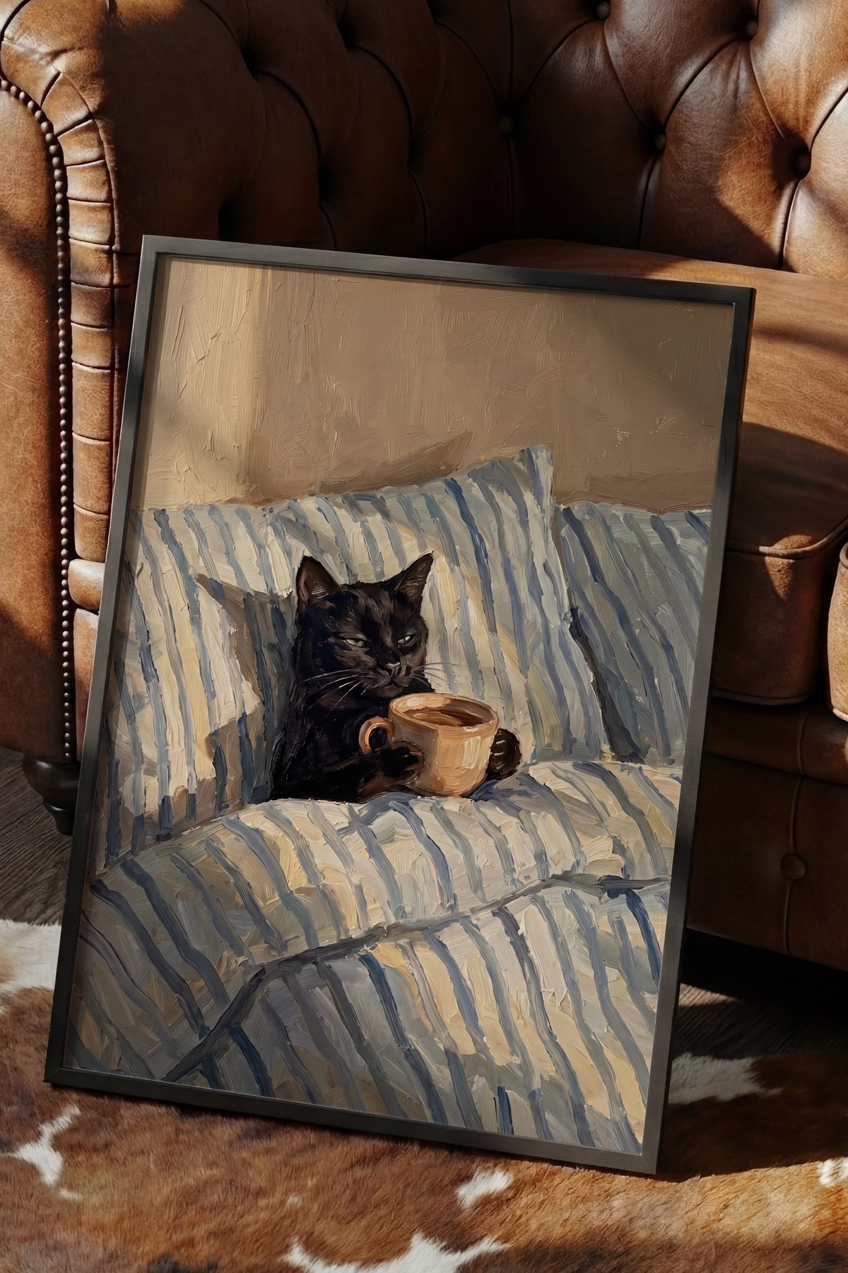 Kahve İçen Kedi Poster – Siyah Çerçeveli Tablo