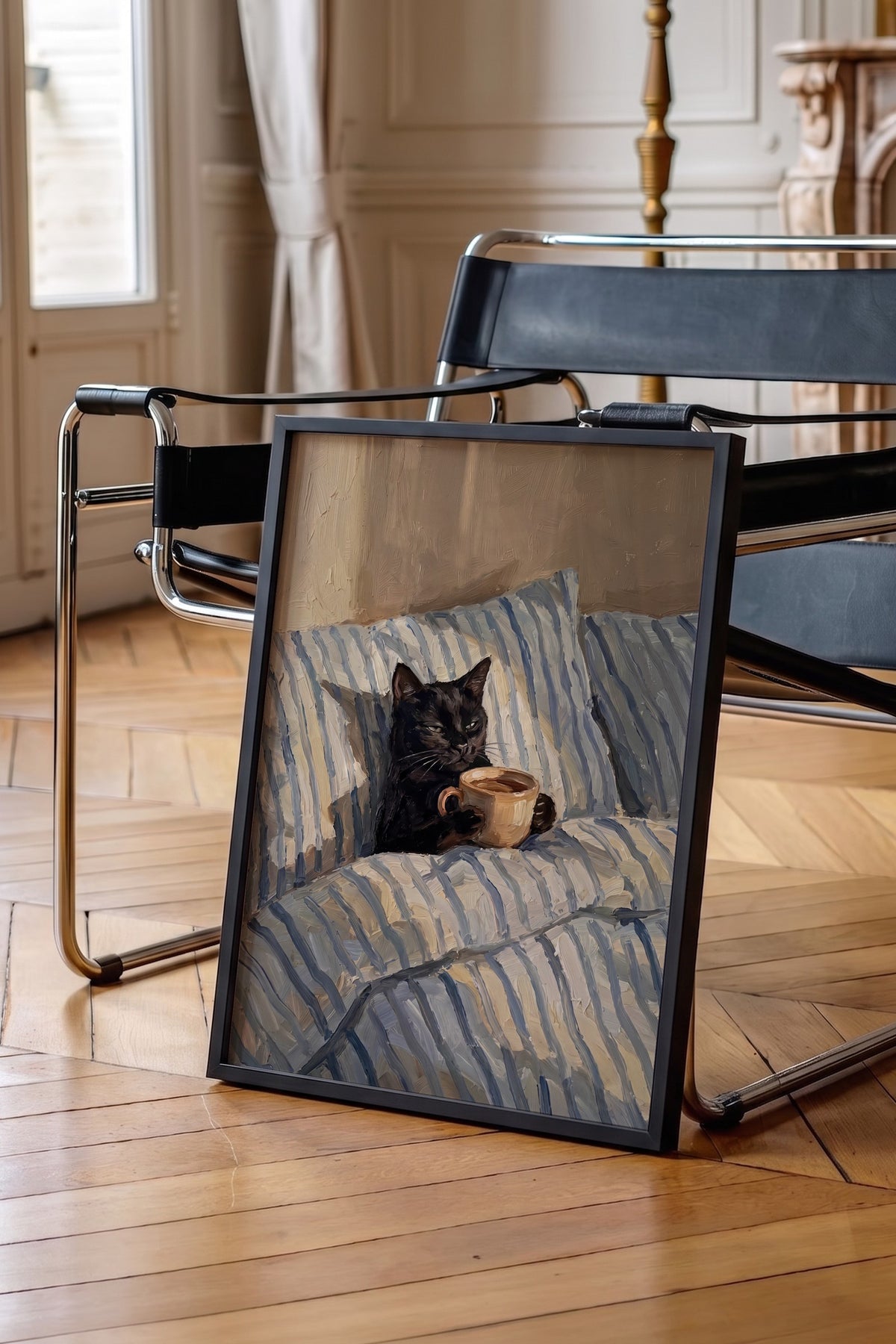 Kahve İçen Kedi Poster – Siyah Çerçeveli Tablo