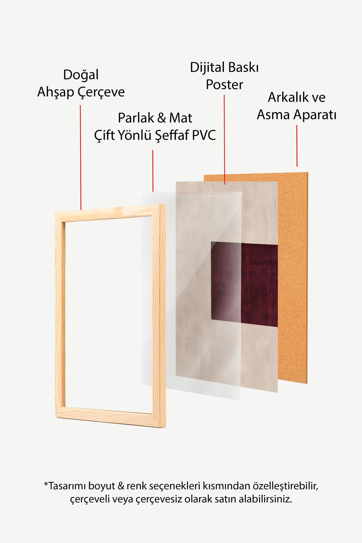 Minimalistik Bordo Dikdörtgen Poster – Ahşap Çerçeveli Tablo