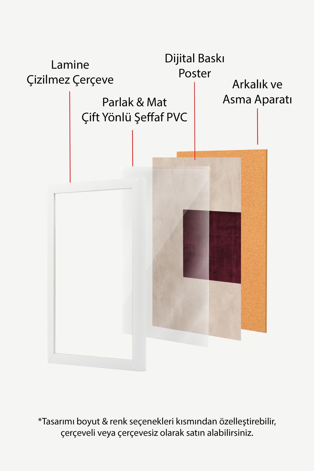 Minimalistik Bordo Dikdörtgen Poster – Beyaz Çerçeveli Tablo