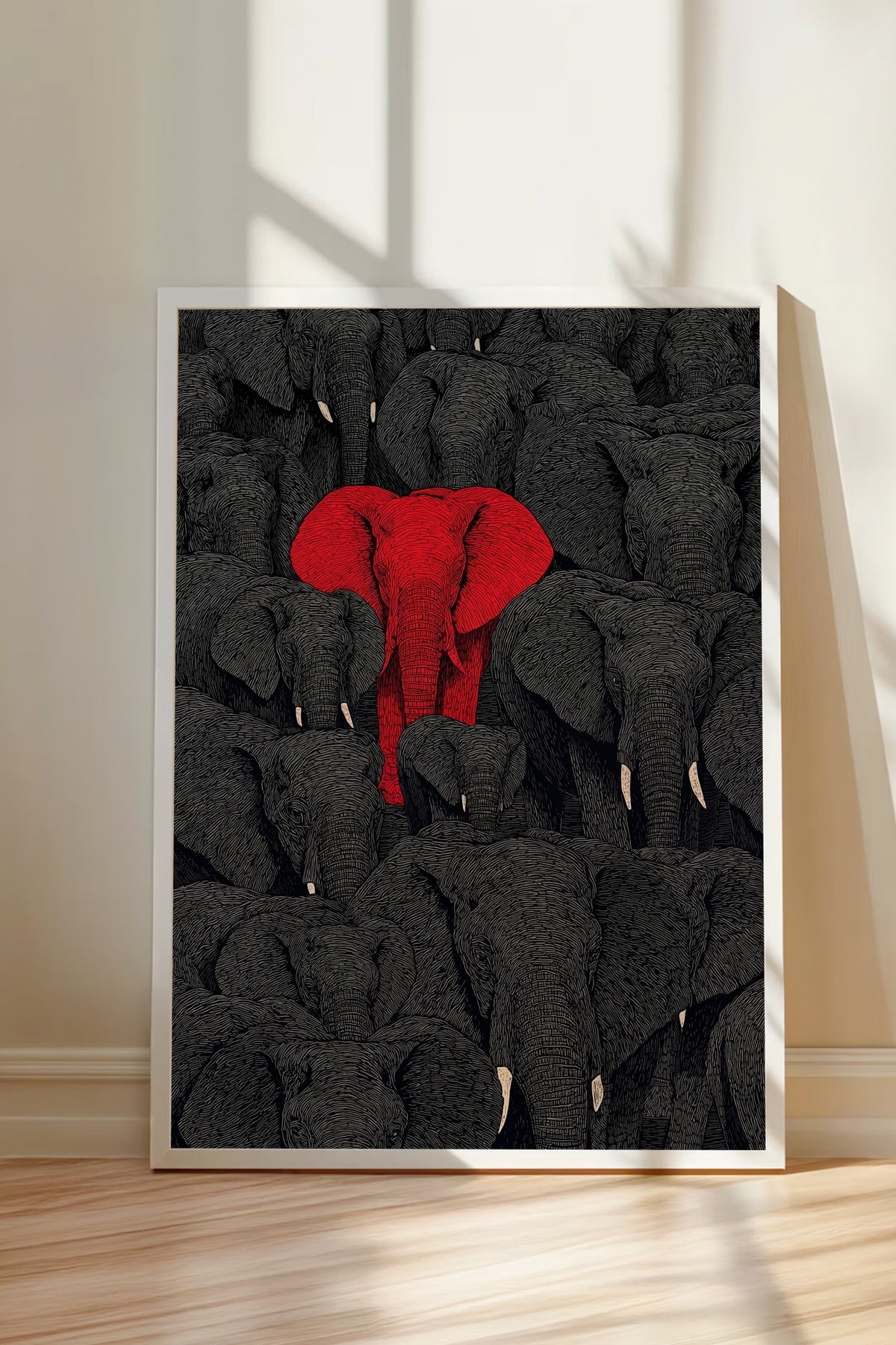 Kırmızı Fil ve Sürüsü Poster – Beyaz Çerçeveli Tablo