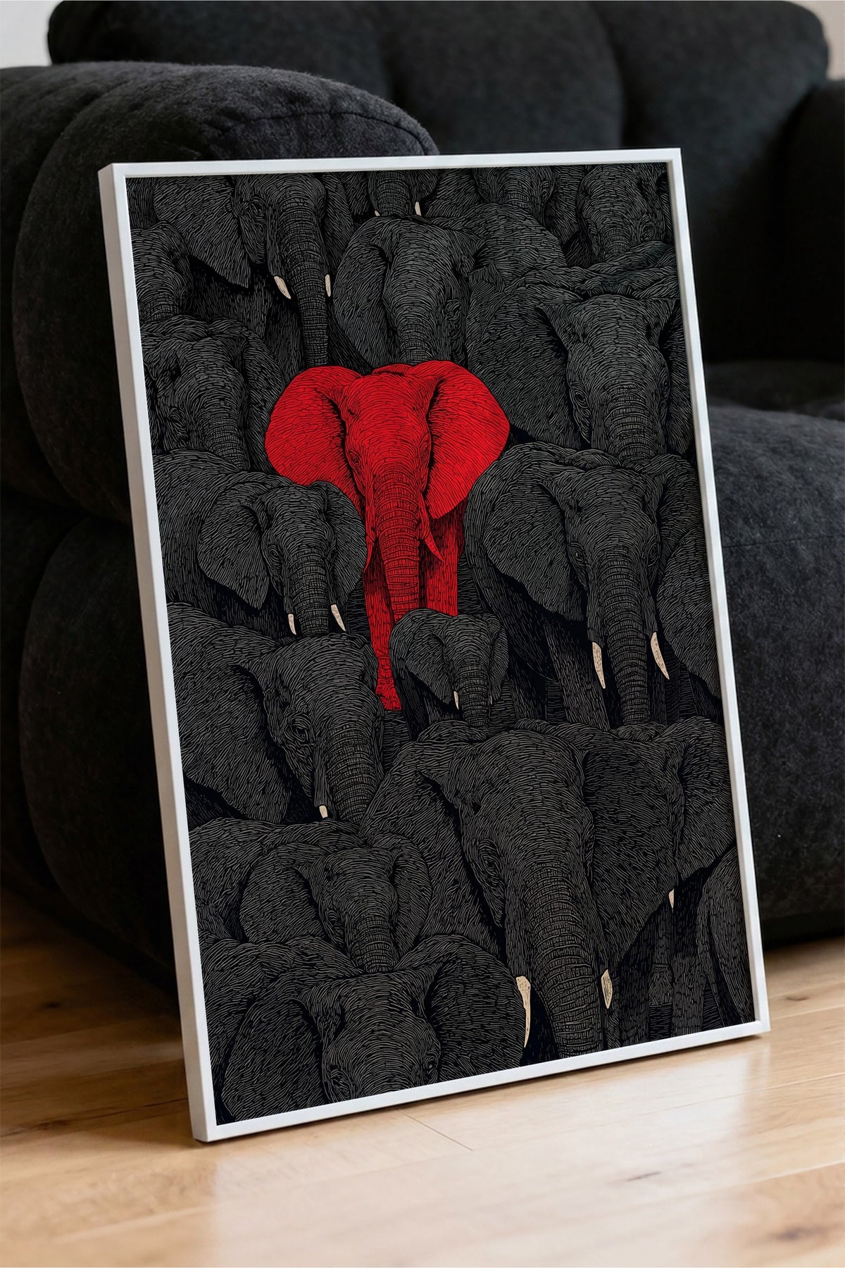 Kırmızı Fil ve Sürüsü Poster – Beyaz Çerçeveli Tablo
