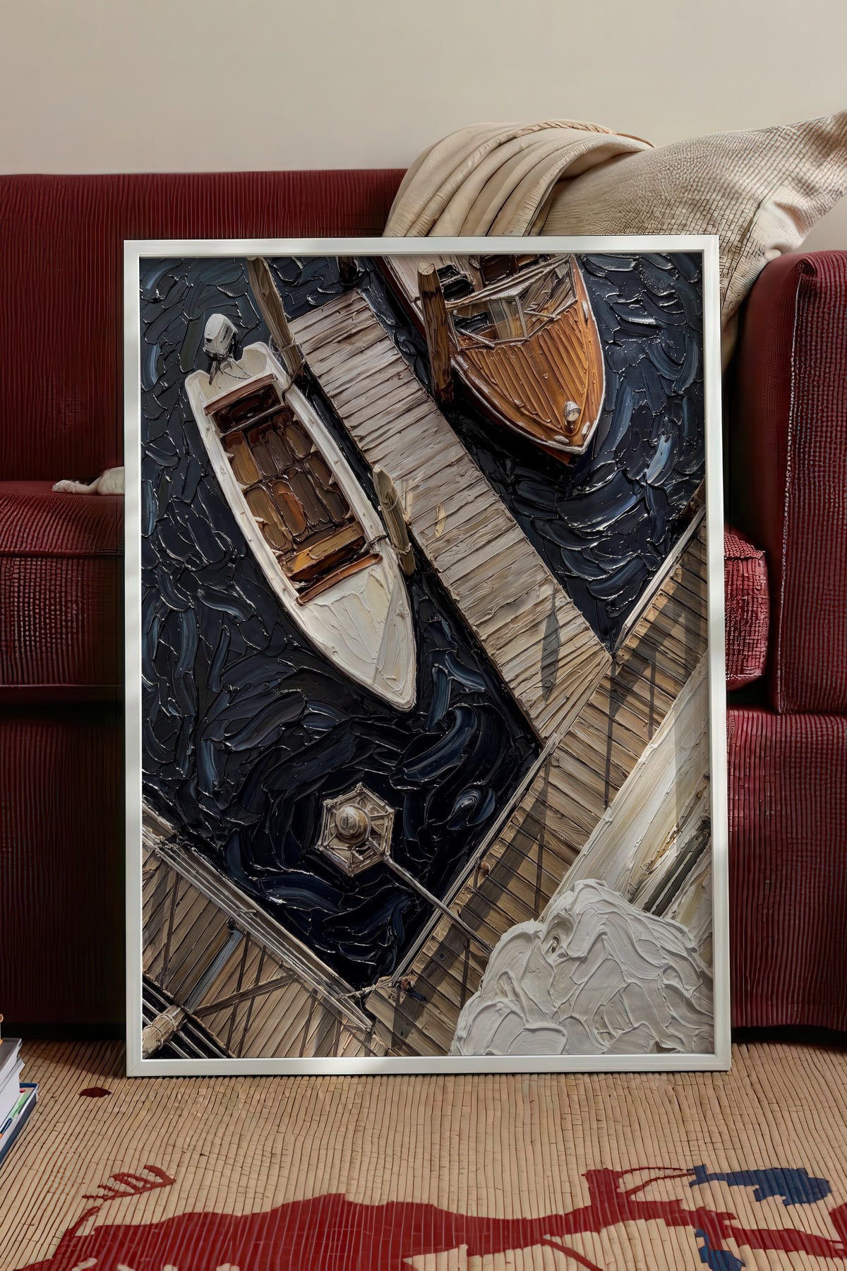 Yağlı Boya Tekne ve İskele Poster – Beyaz Çerçeveli Tablo