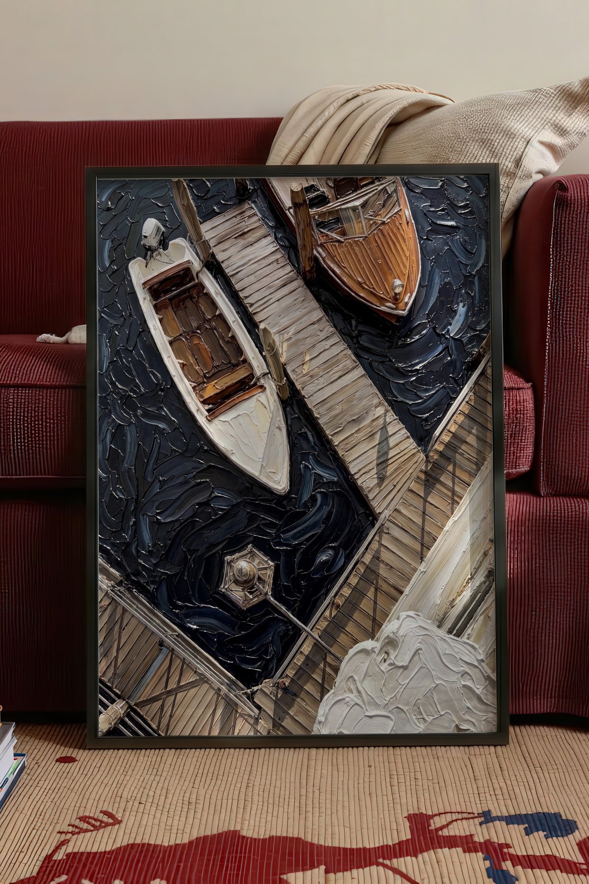 Yağlı Boya Tekne ve İskele Poster – Siyah Çerçeveli Tablo