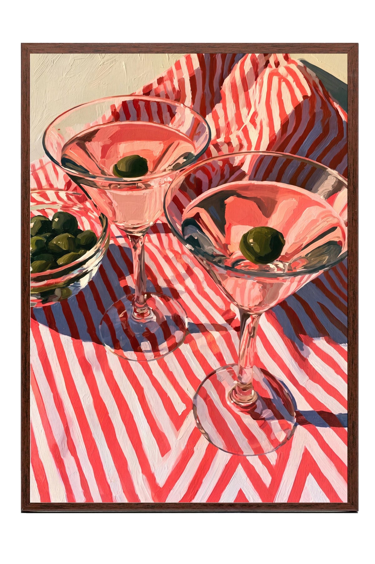 Şeritli Zemin Üzerinde Martini Bardakları Poster – Kahverengi Çerçeveli Tablo
