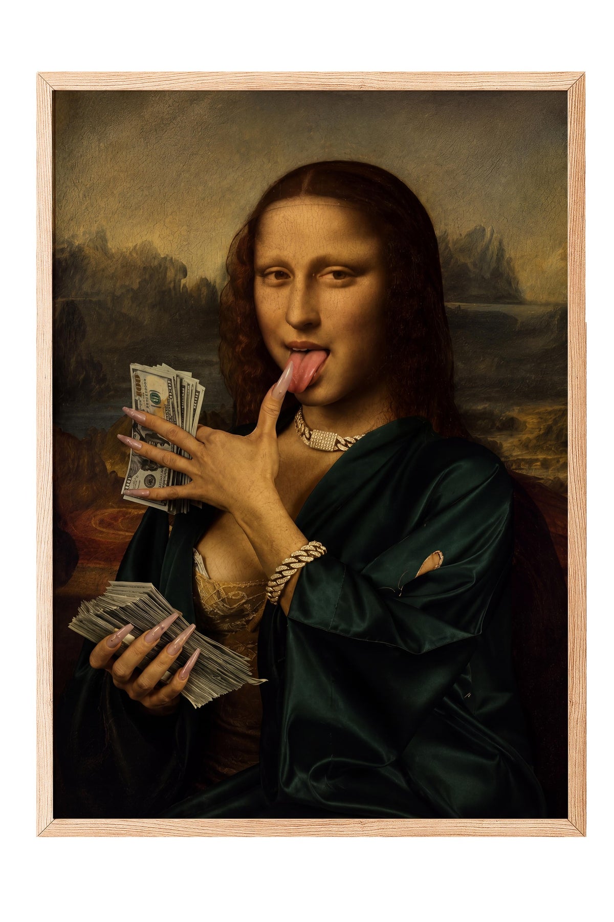 Para ve Mona Lisa Karışımı Poster – Ahşap Çerçeveli Tablo