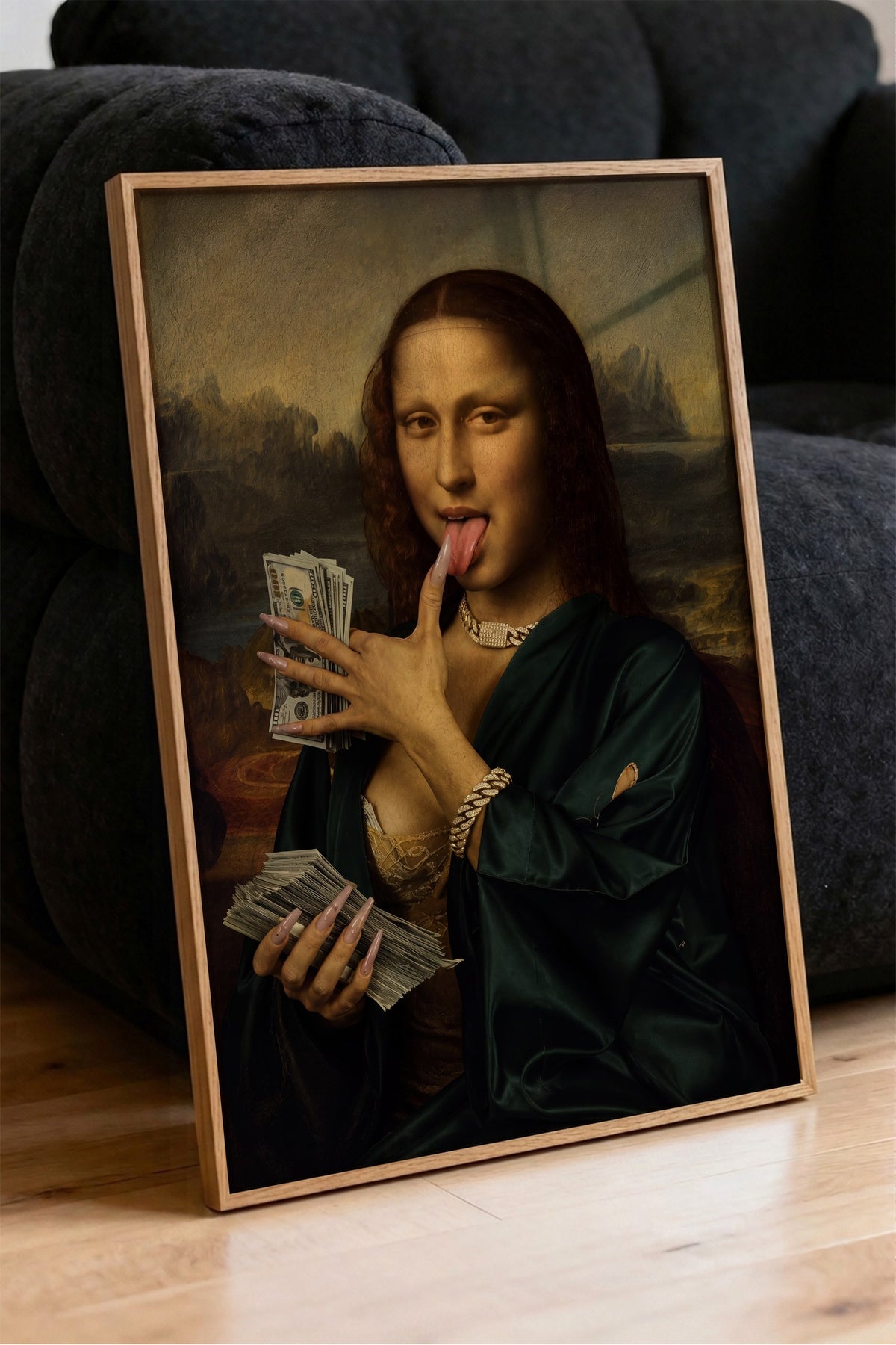 Para ve Mona Lisa Karışımı Poster – Ahşap Çerçeveli Tablo