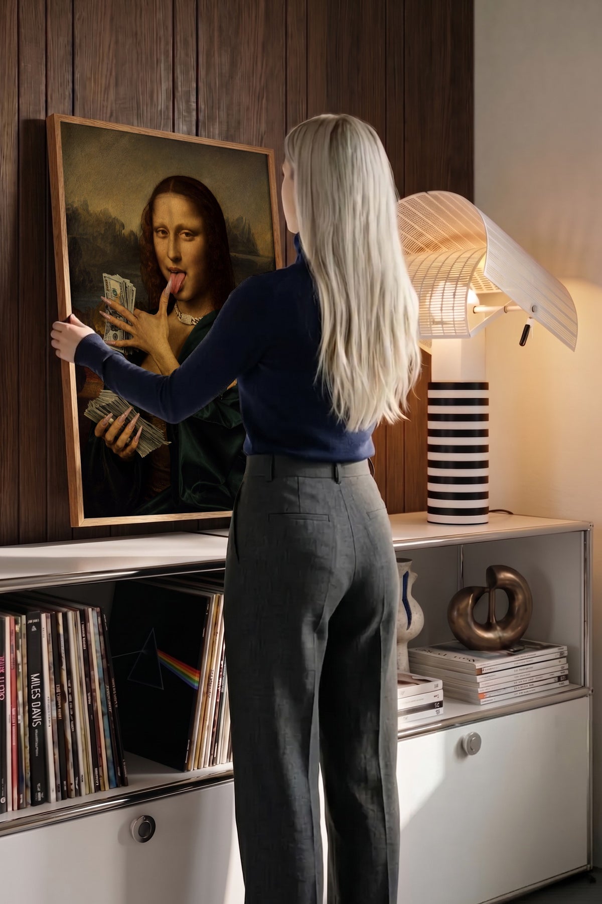 Para ve Mona Lisa Karışımı Poster – Ahşap Çerçeveli Tablo