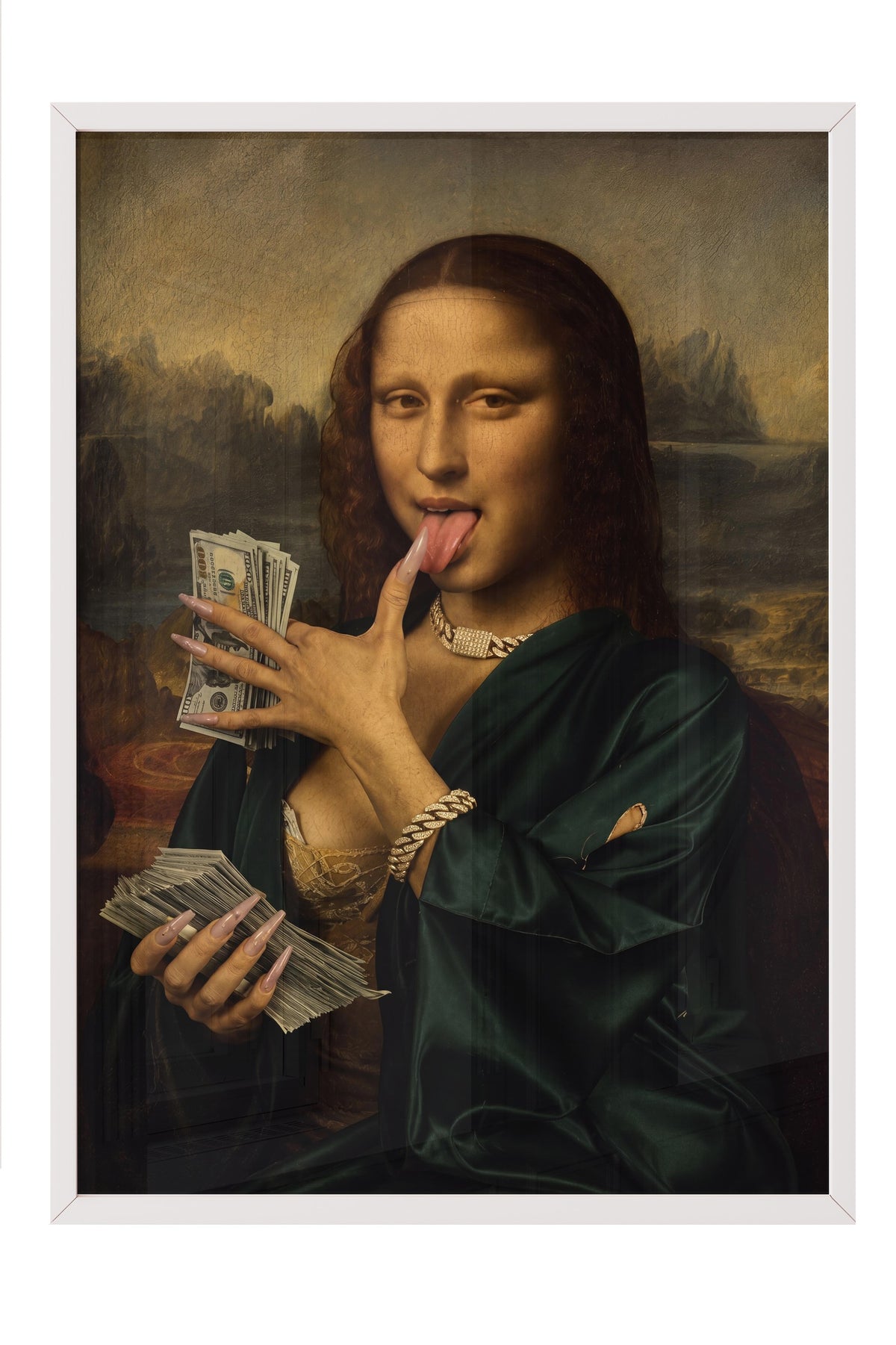 Para ve Mona Lisa Karışımı Poster – Beyaz Çerçeveli Tablo