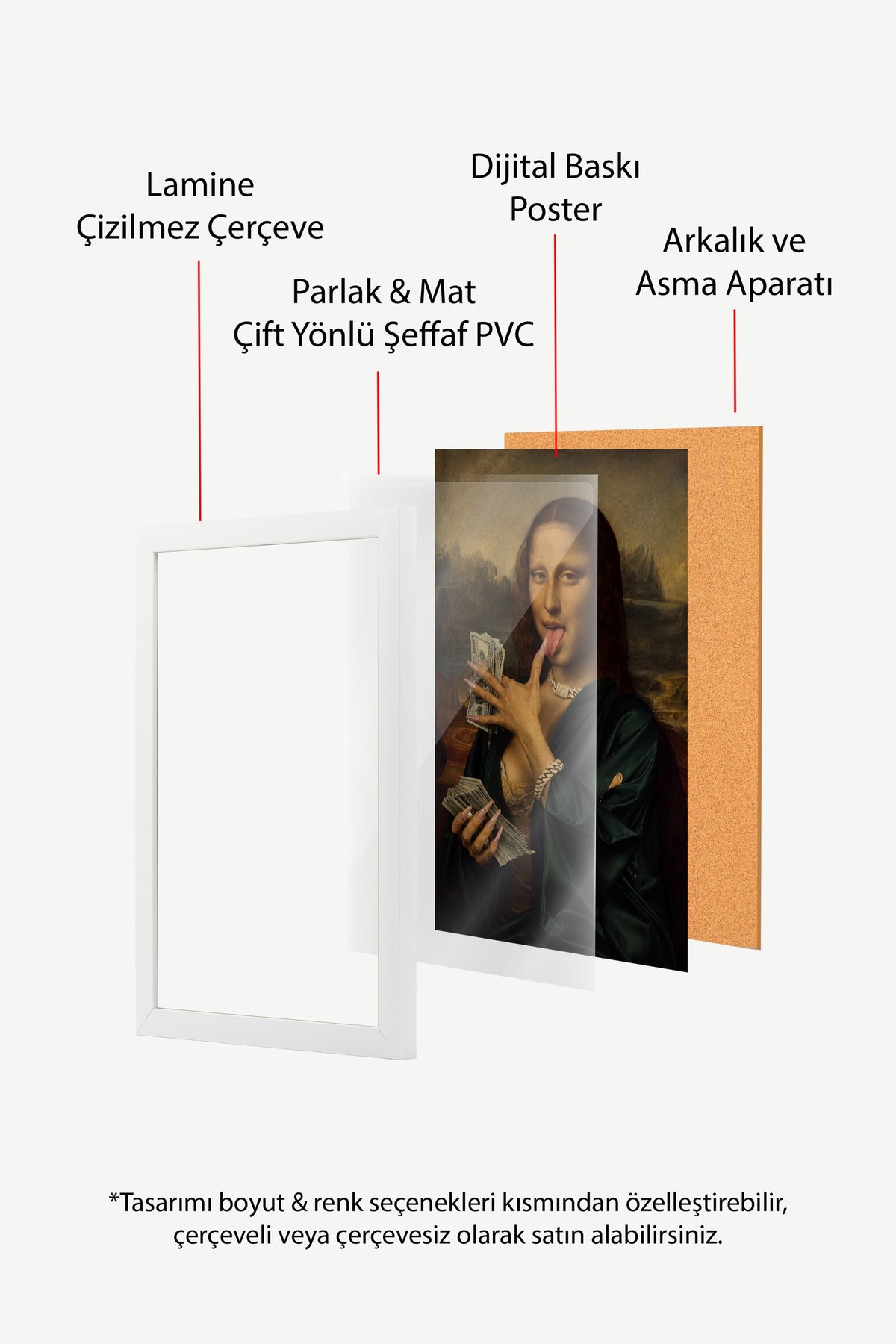 Para ve Mona Lisa Karışımı Poster – Beyaz Çerçeveli Tablo