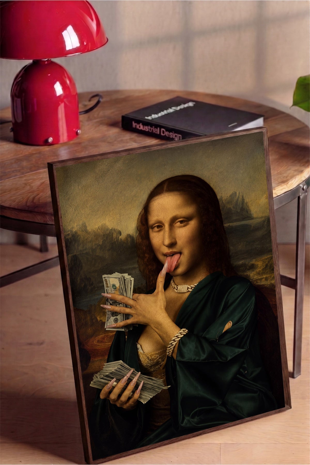 Para ve Mona Lisa Karışımı Poster – Kahverengi Çerçeveli Tablo