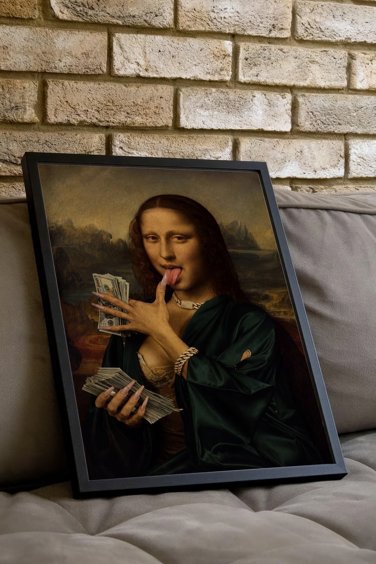 Para ve Mona Lisa Karışımı Poster – Siyah Çerçeveli Tablo