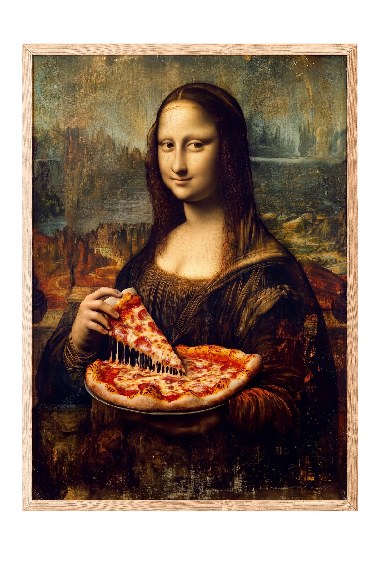 Mona Lisa ve Pizza Poster – Ahşap Çerçeveli Tablo
