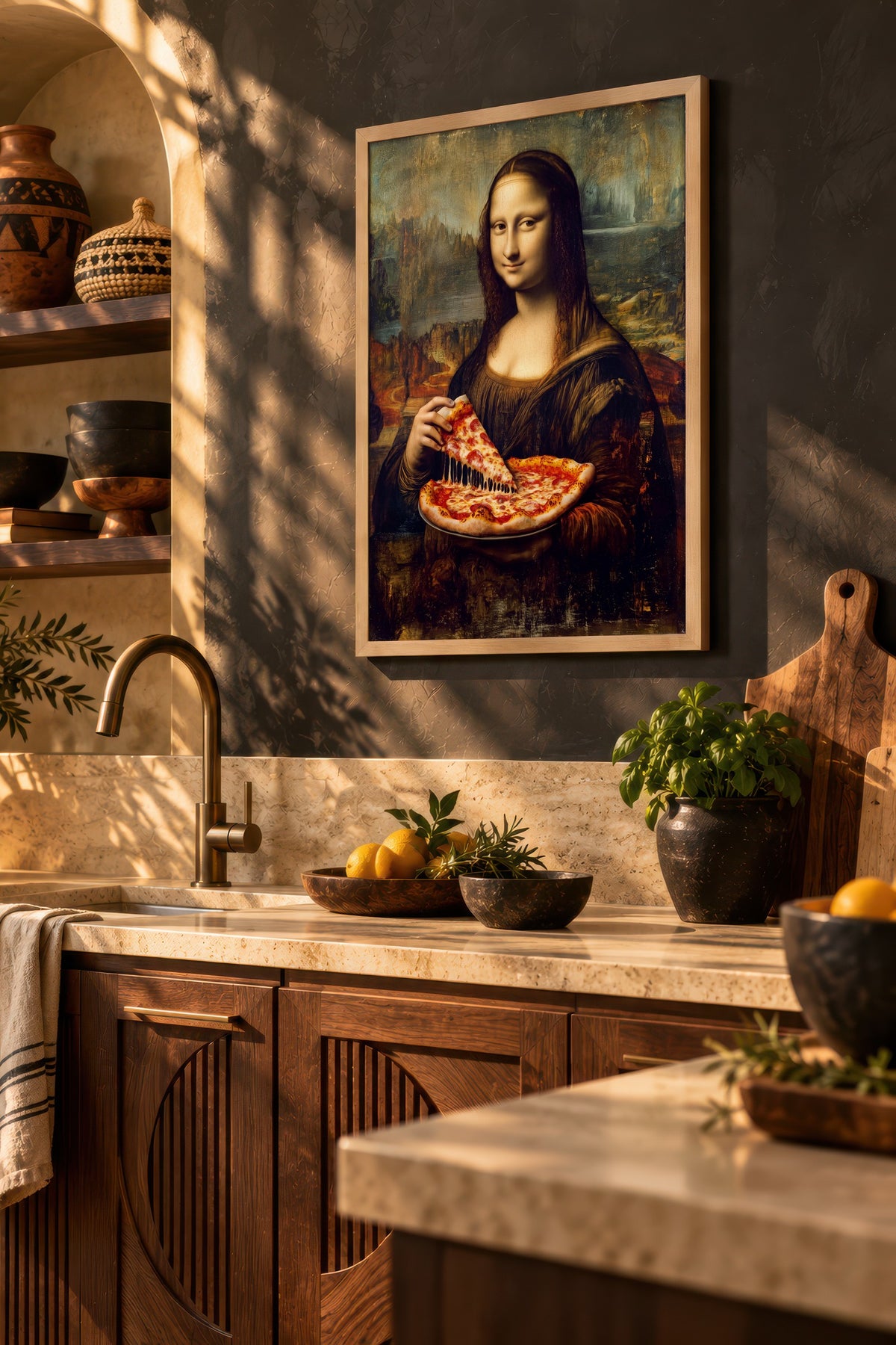 Mona Lisa ve Pizza Poster – Ahşap Çerçeveli Tablo