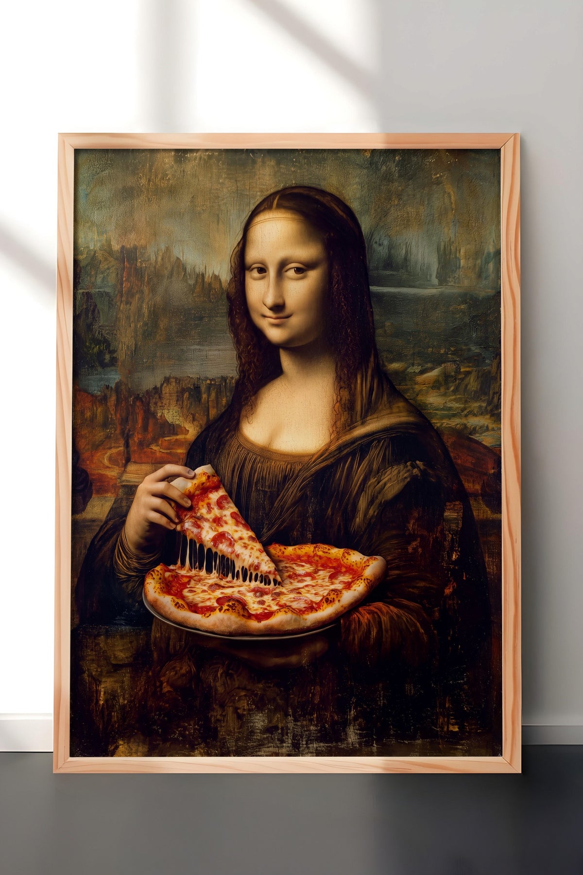 Mona Lisa ve Pizza Poster – Ahşap Çerçeveli Tablo
