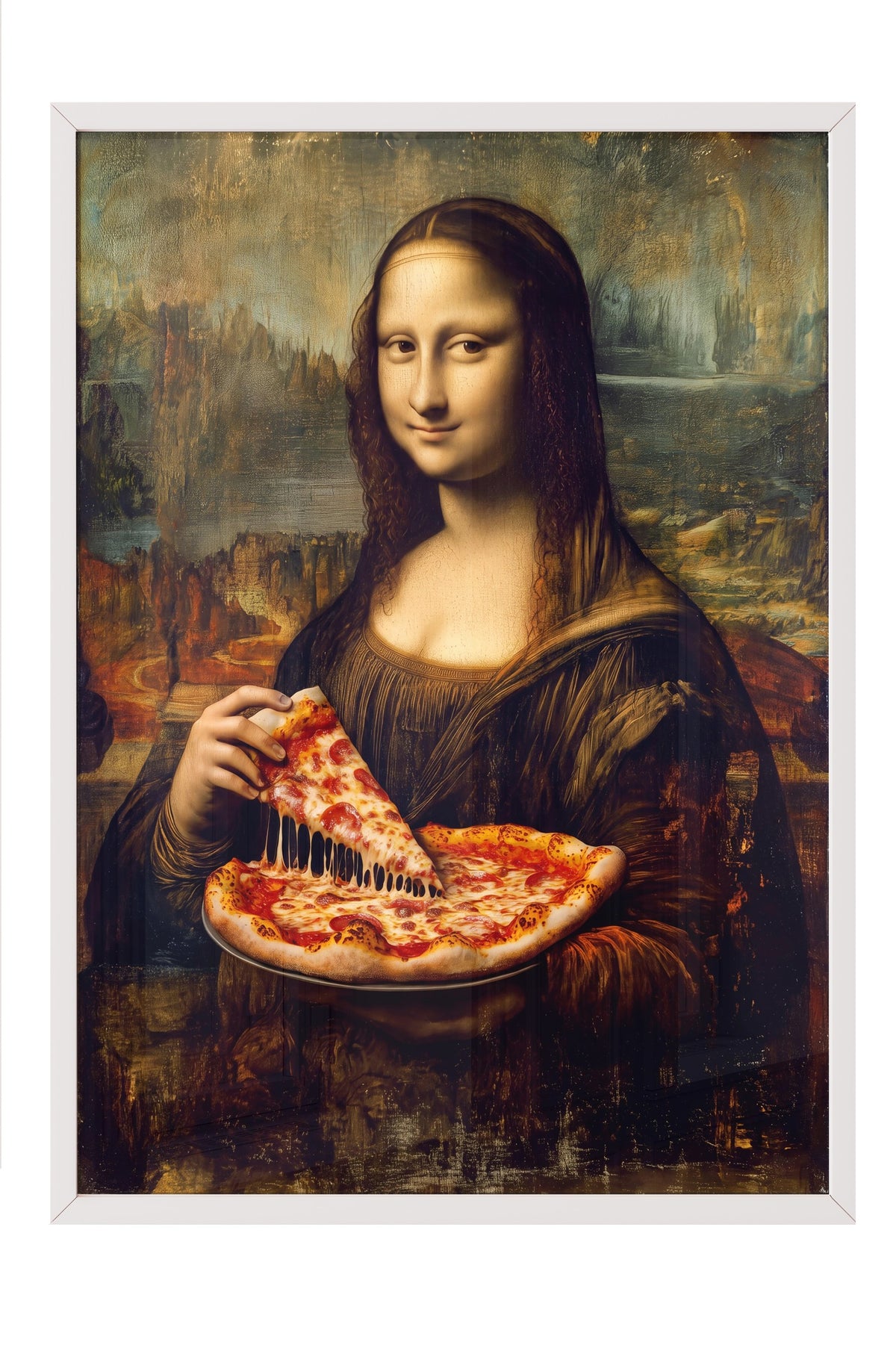 Mona Lisa ve Pizza Poster – Beyaz Çerçeveli Tablo